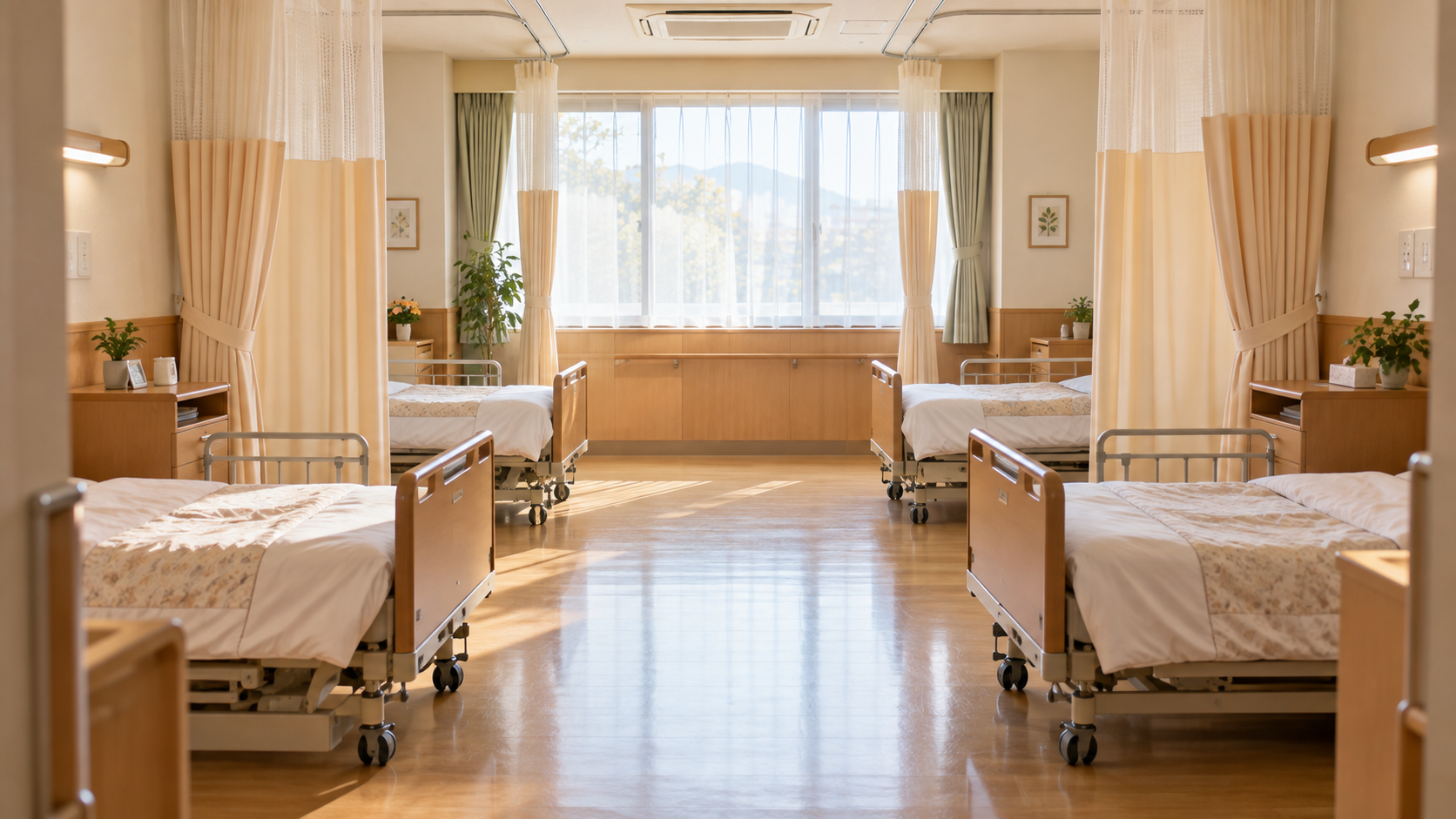 介護施設の、カーテンで仕切られた4人部屋の多床室