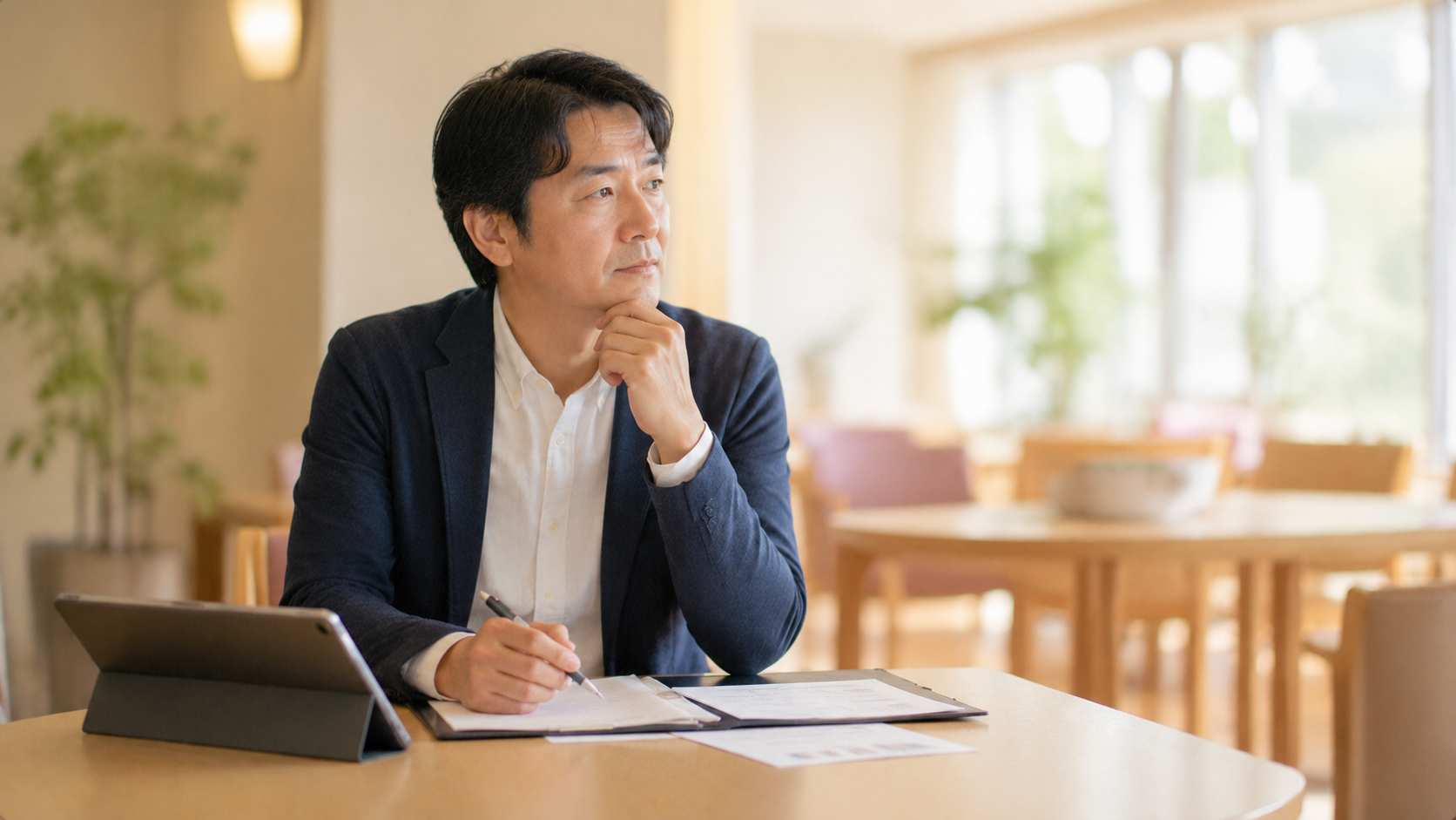 介護施設の共有スペースで書類とタブレットを前に採用コストを考える施設長