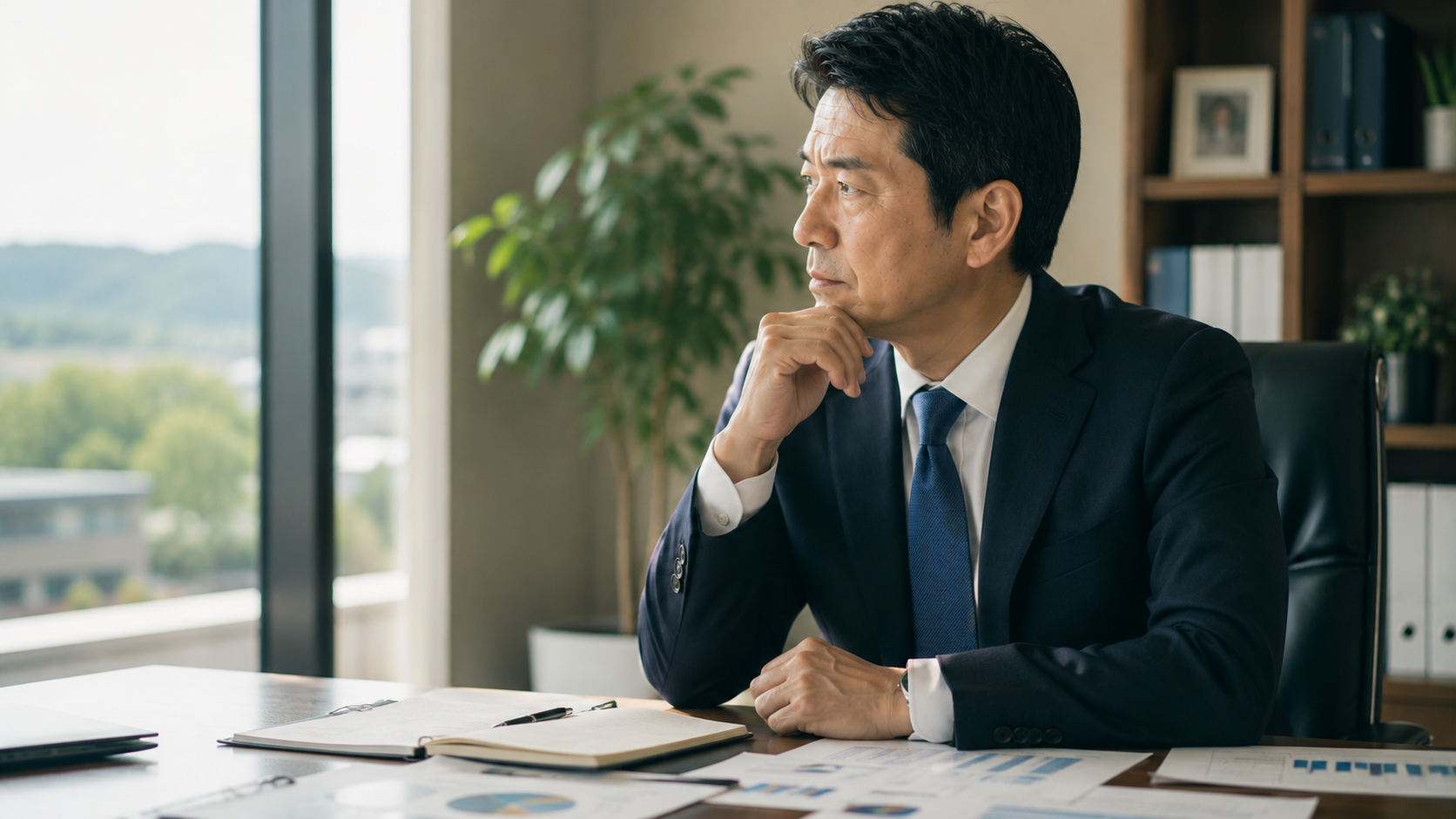 窓の外を見つめながら考え込む施設長