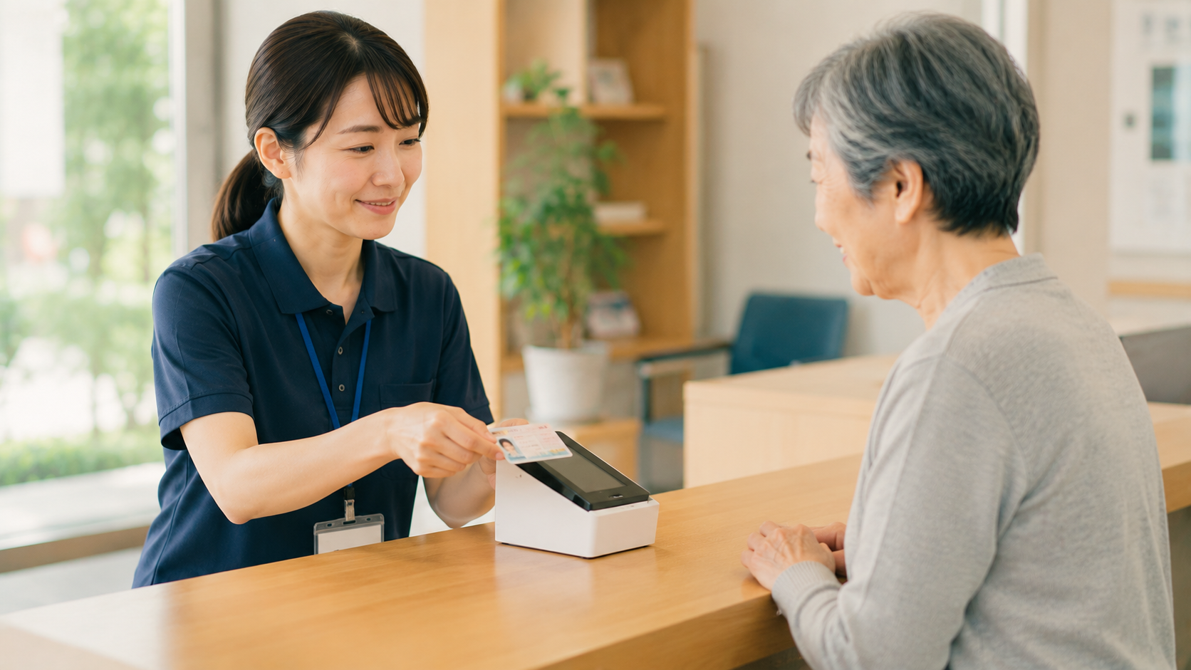 受付カウンターでカードリーダーにカードをかざしている場面