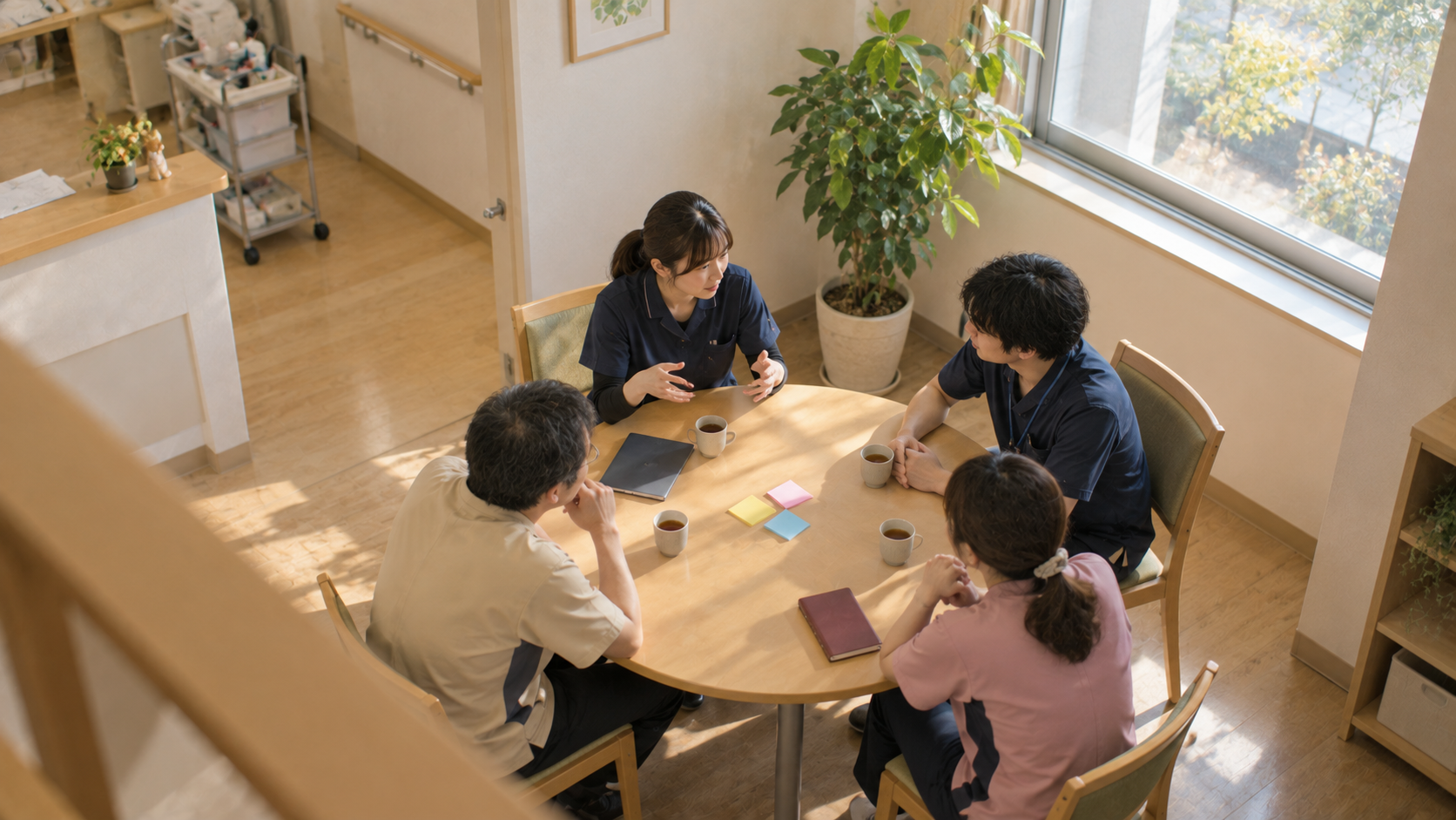 介護施設の打ち合わせスペースで、職員4人が丸テーブルを囲んで話し合う様子