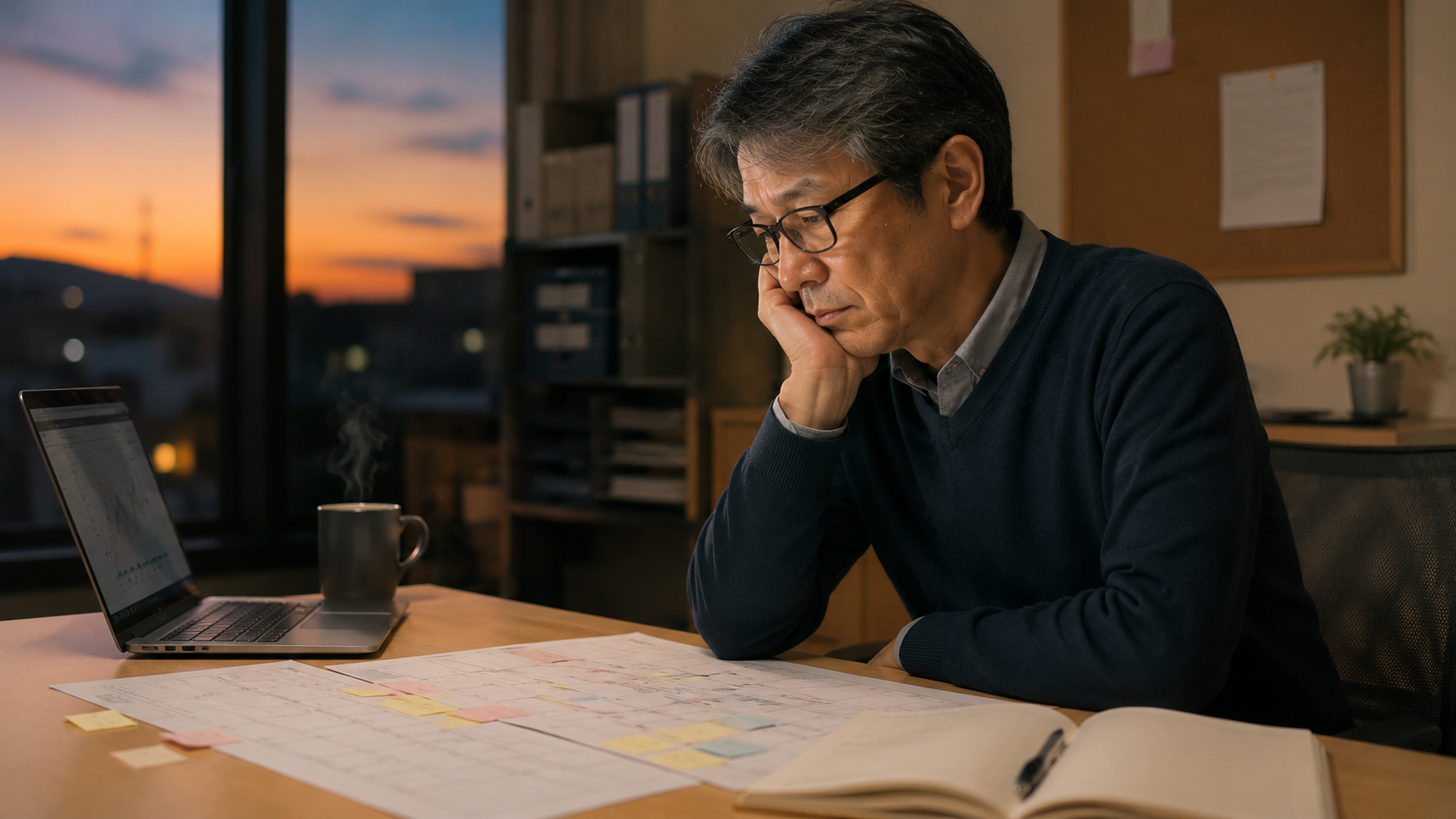 人手不足の介護現場で夜勤シフト表を見つめる施設長