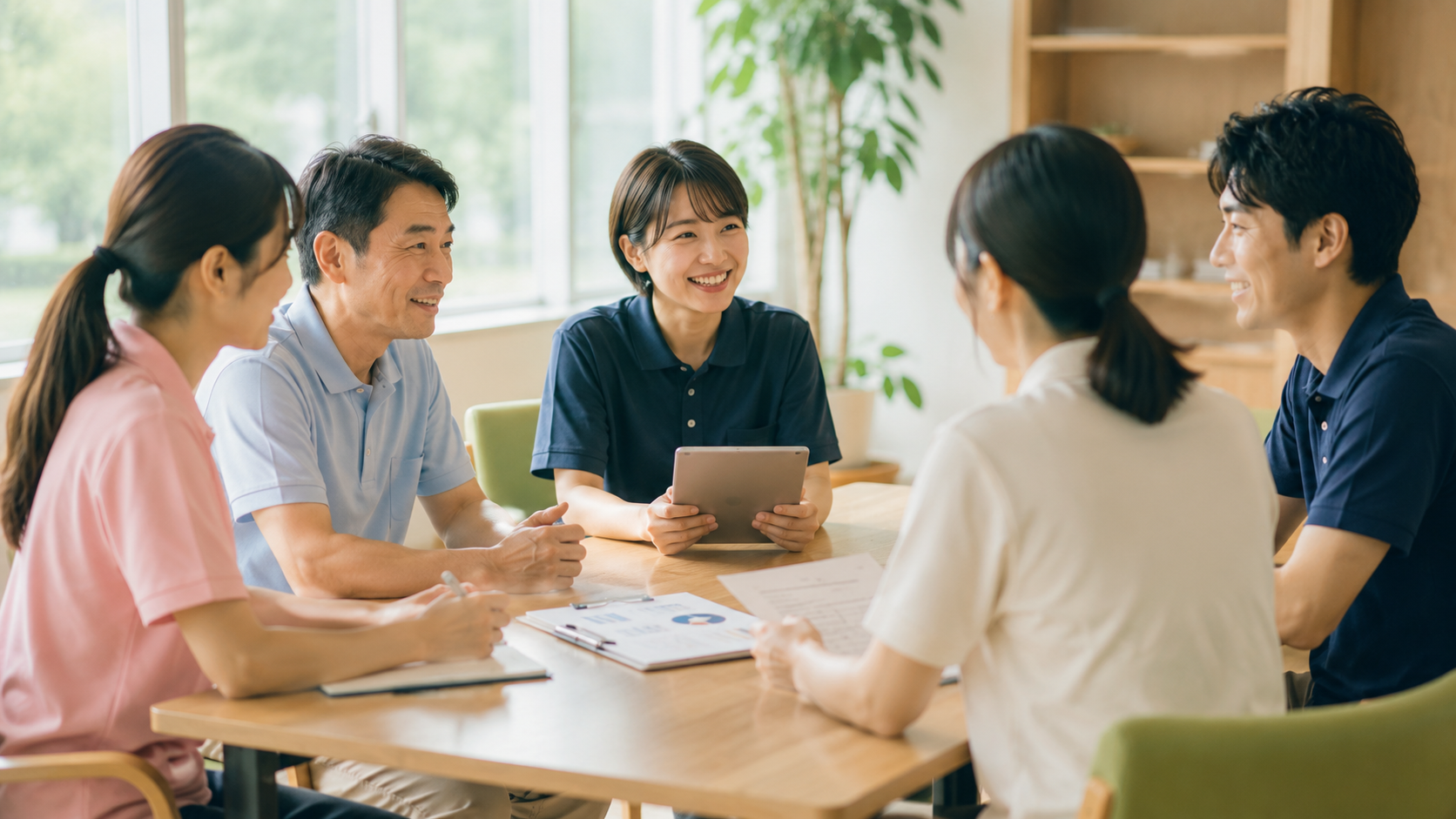 明るい会議室で介護スタッフがタブレットを囲んで生産性向上推進委員会を行うイメージ