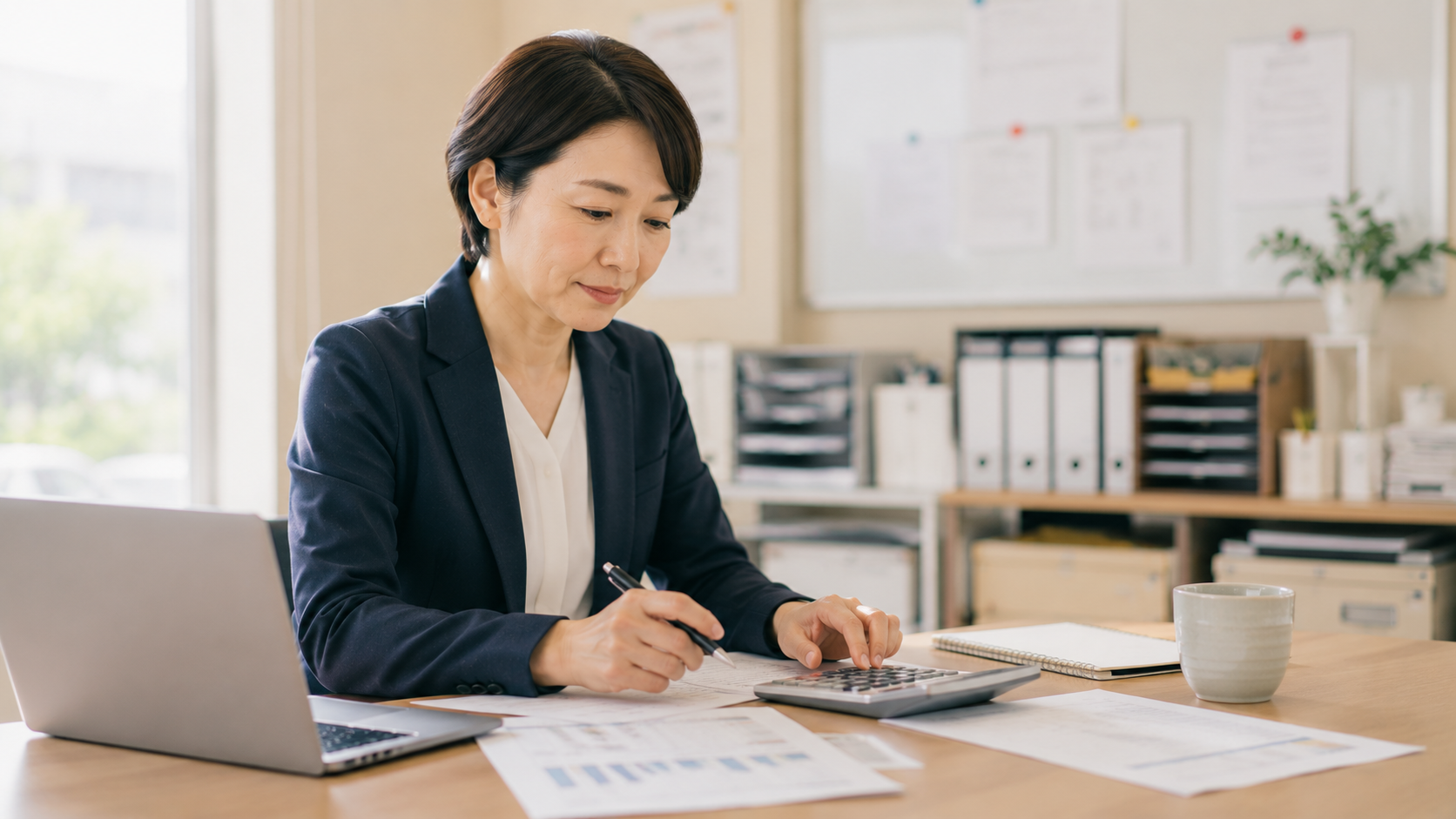 社会保険適用拡大に向けて書類とPCで試算する施設長