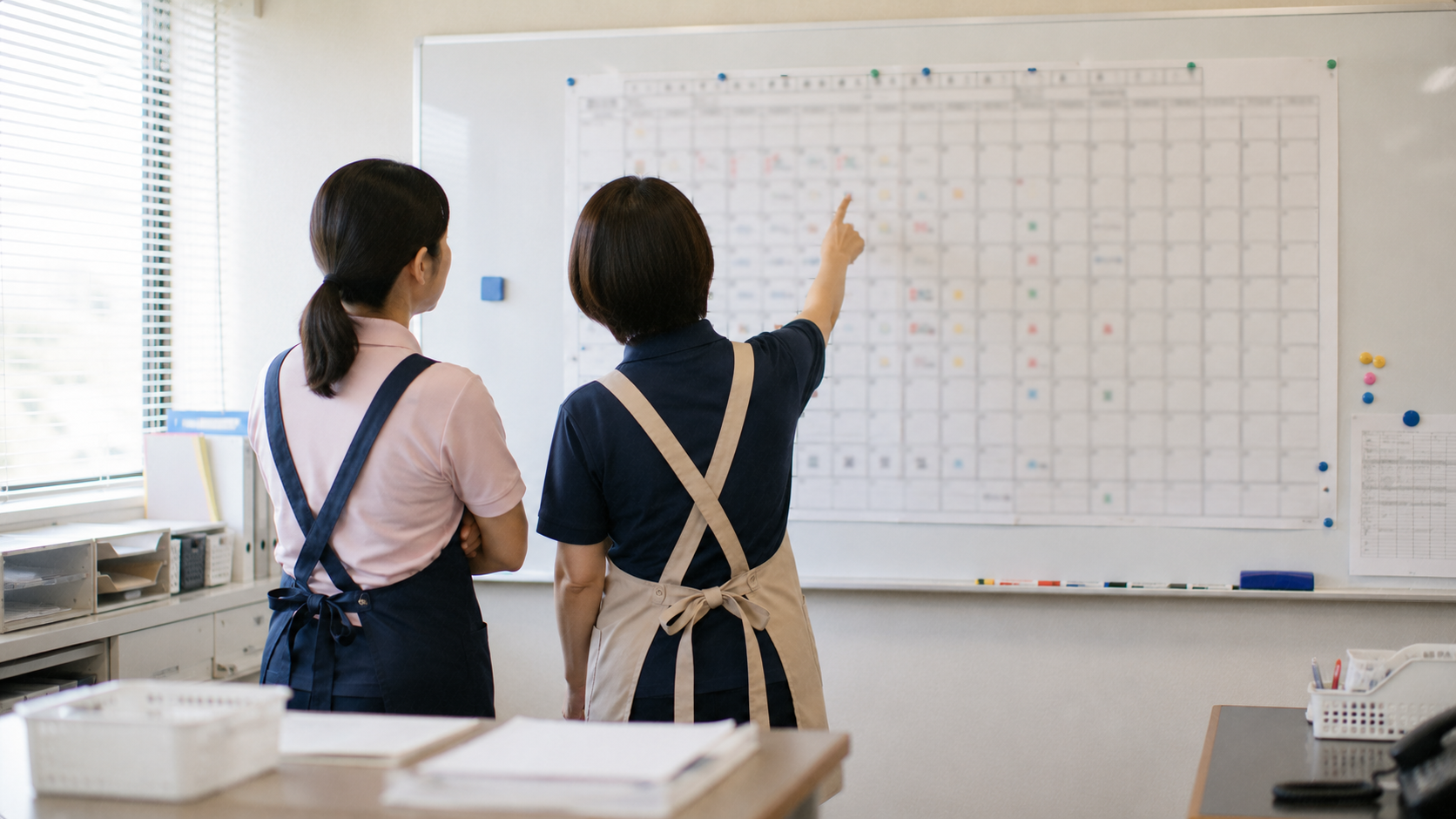 ホワイトボードの月間シフト表を確認する介護施設の管理者と職員