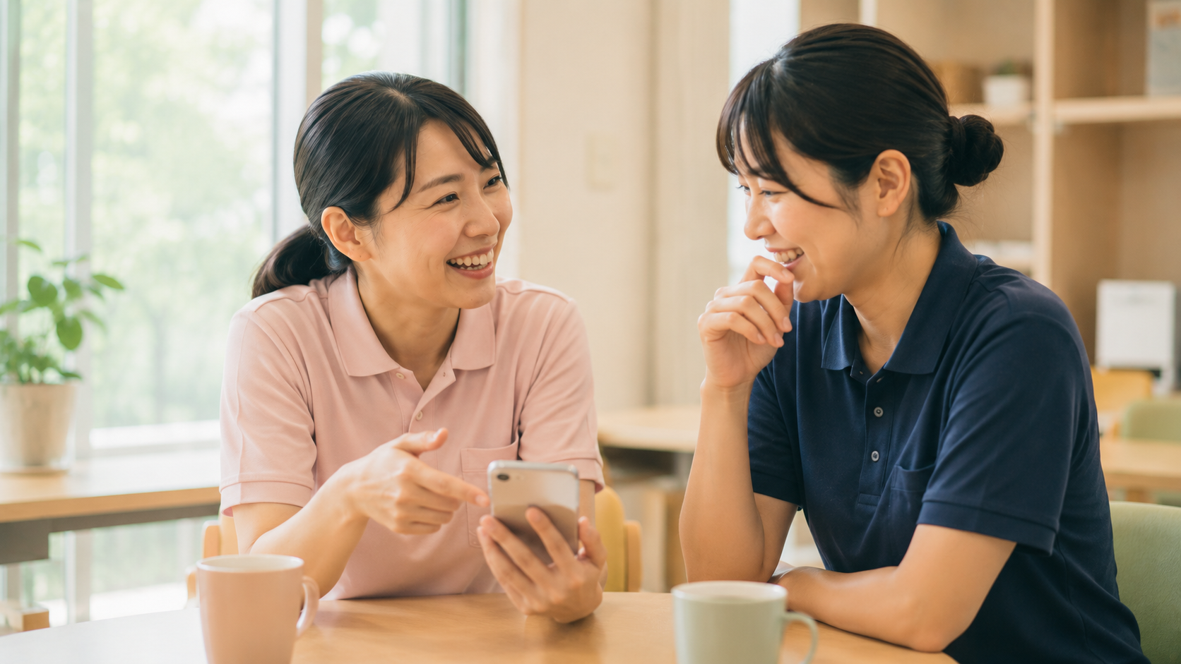 介護ユニフォームの女性2人がスマホを見ながら笑顔で会話しているイメージ