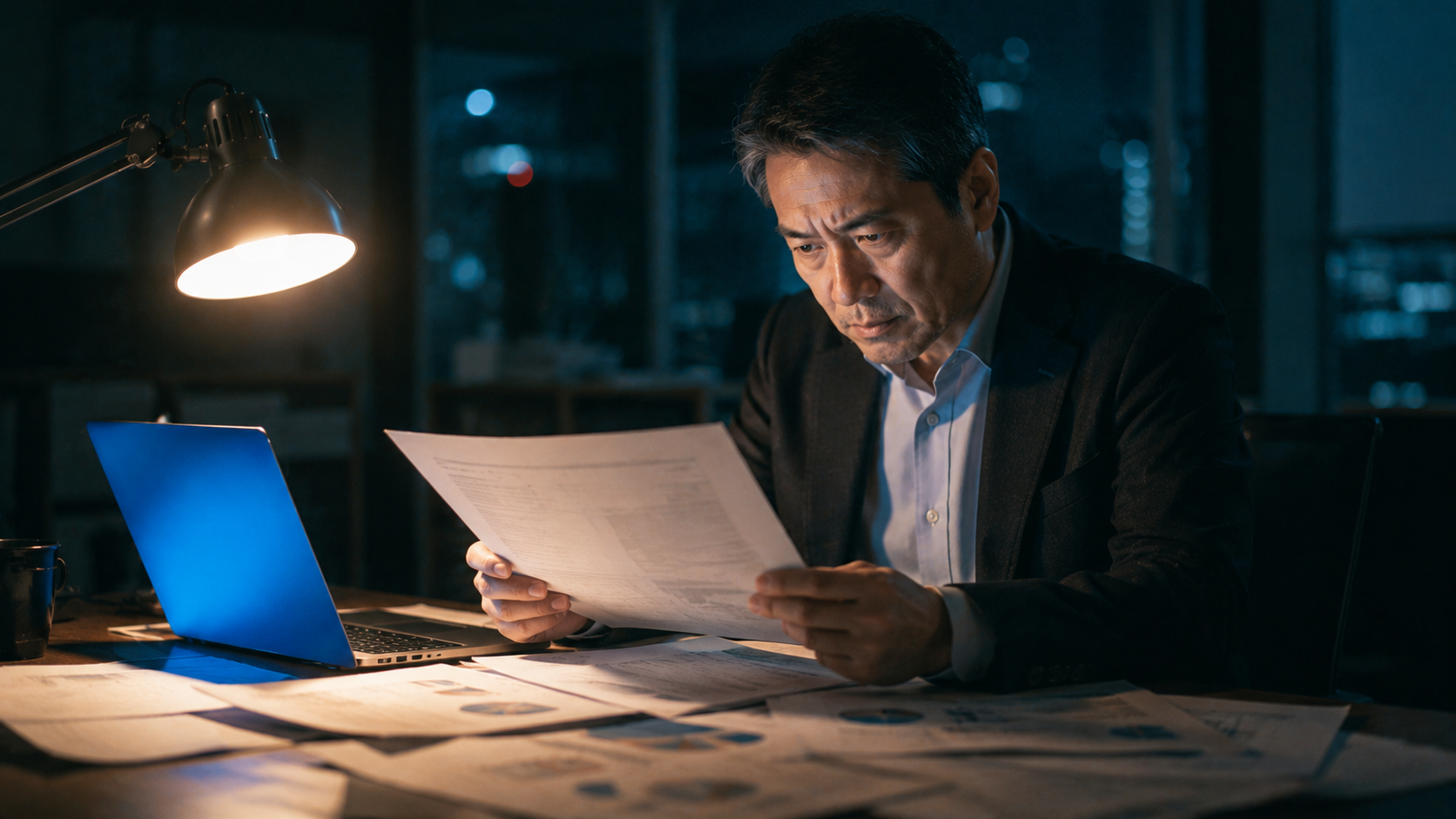 処遇改善加算の書類と電卓が並ぶ施設長の机。経過措置廃止後の対応を象徴するイメージ
