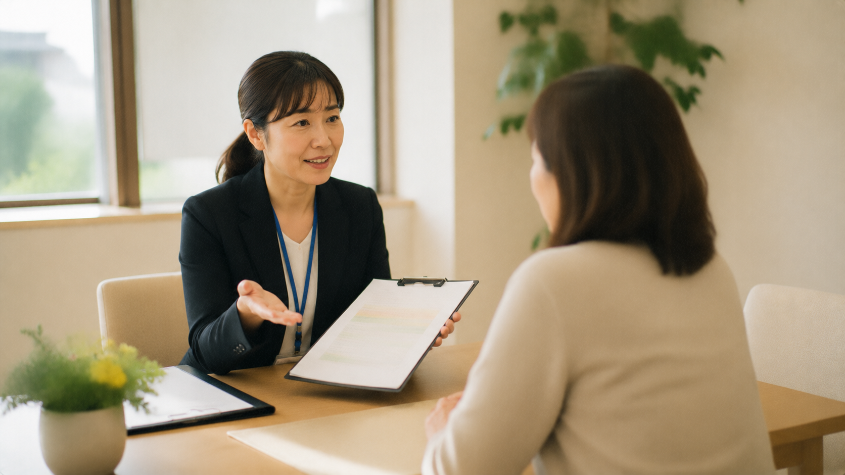 明るいオフィスで、クリップボードを持った施設スタッフが家族に丁寧に説明しているシーン