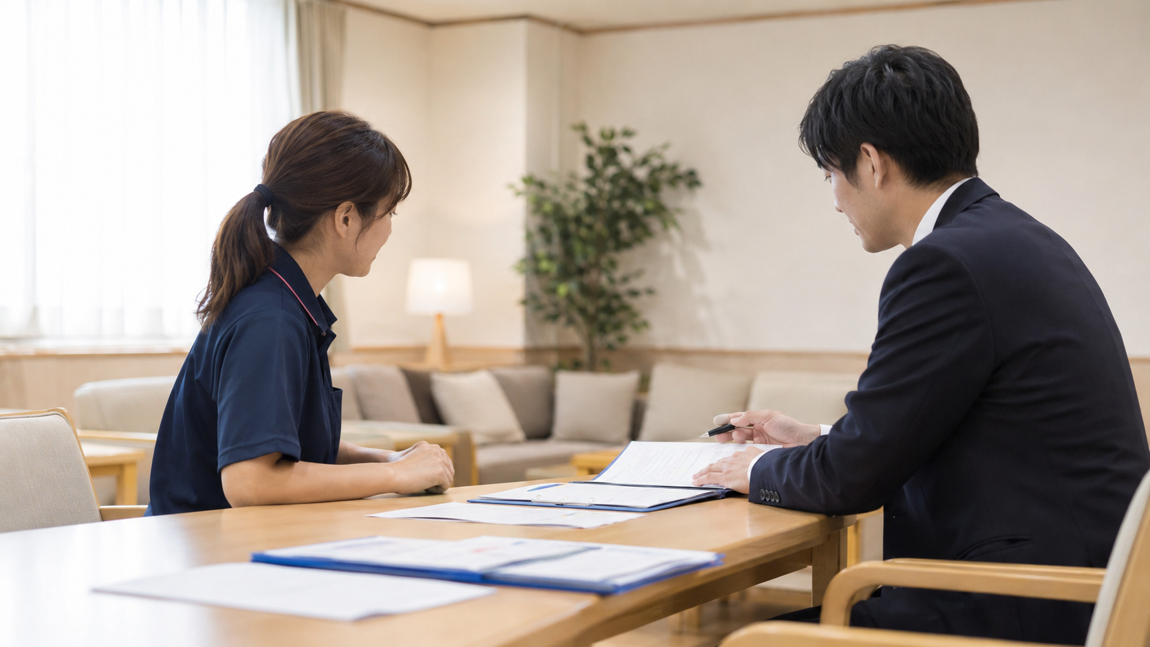 協力医療機関の確保について施設内で打ち合わせをする介護施設の職員と担当者