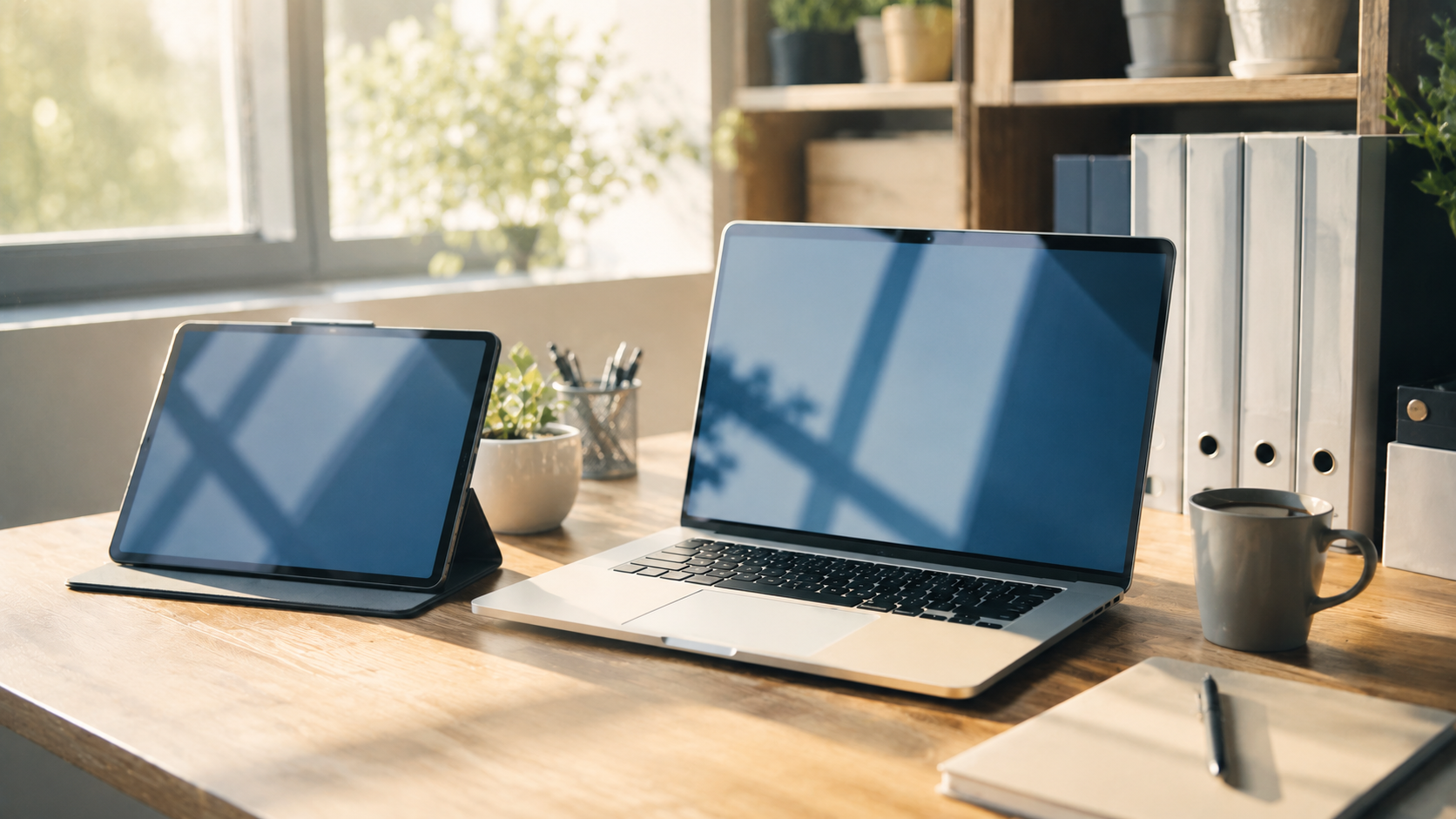 窓辺のデスクに置かれたタブレットとノートPC。ケアプランデータ連携システムによる業務効率化を象徴するイメージ