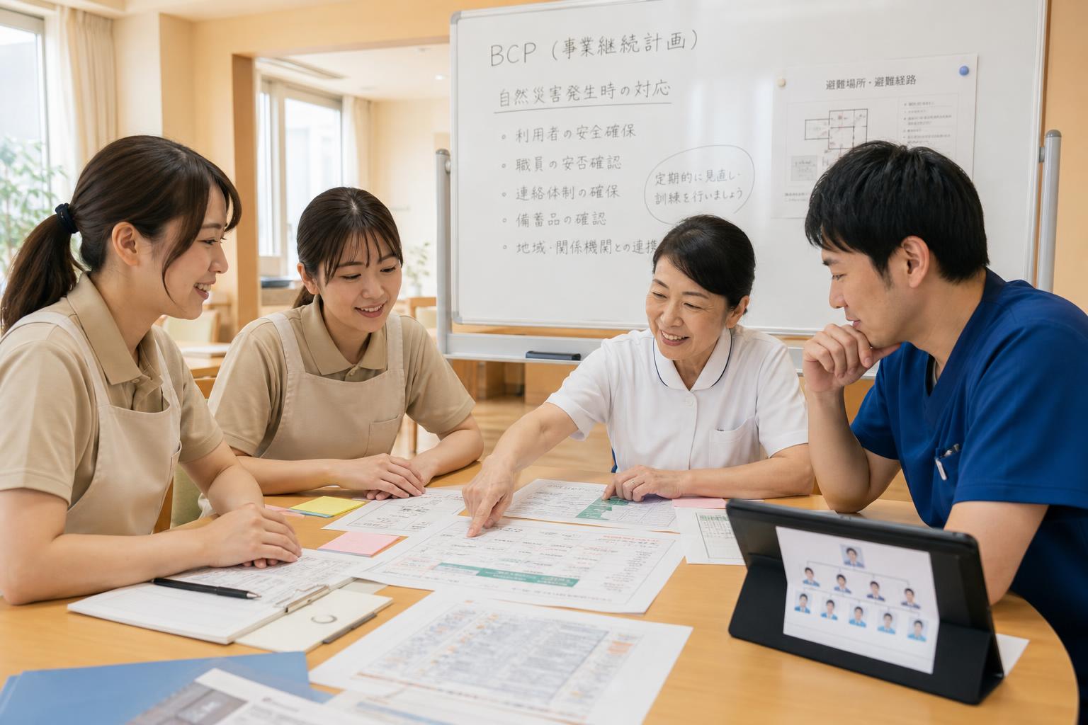 介護施設のスタッフが机を囲んでBCPのミーティングをしている様子
