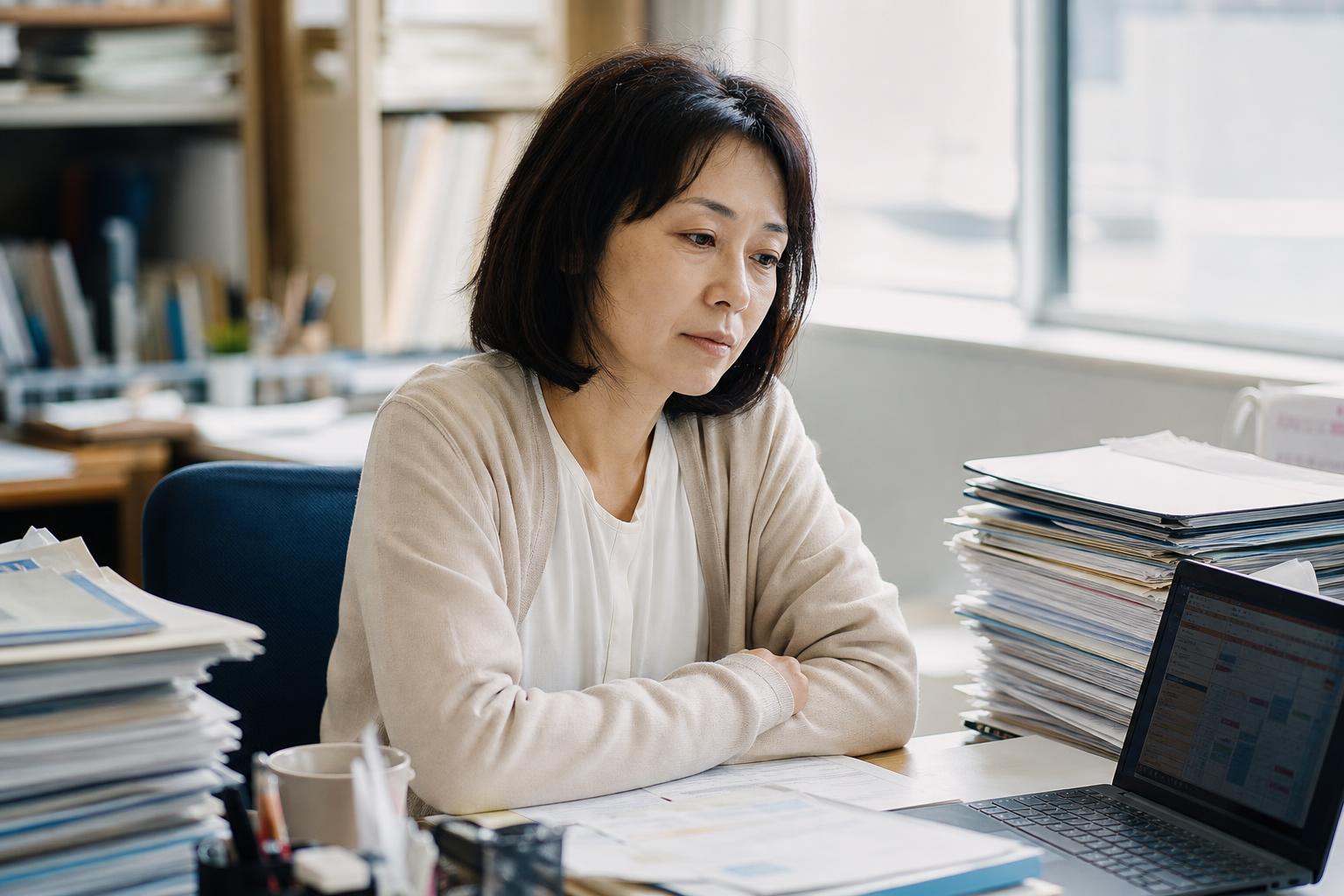 ケアプランの山に囲まれて働く居宅介護支援事業所のケアマネジャー