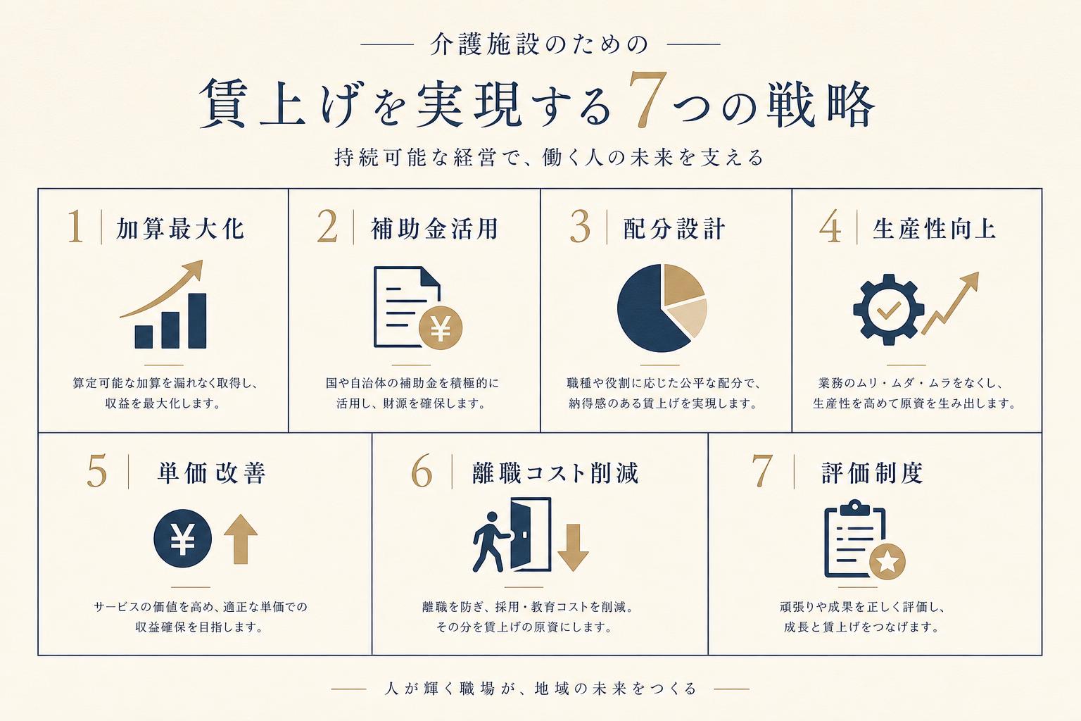 賃上げを実現する7つの施策：加算最大化・補助金活用・配分設計・生産性向上・単価改善・離職コスト削減・評価制度