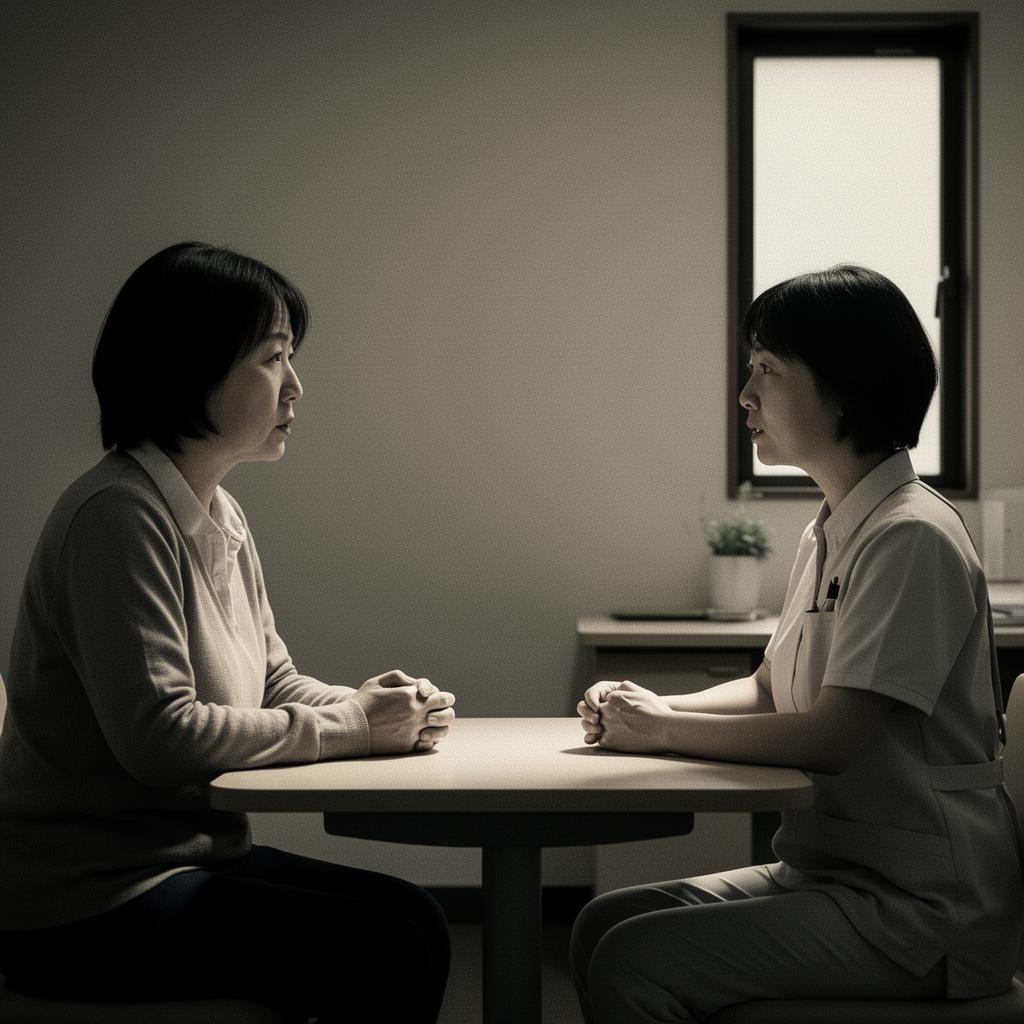 介護施設の小さな面談室で、向かい合って静かに話す管理者と職員