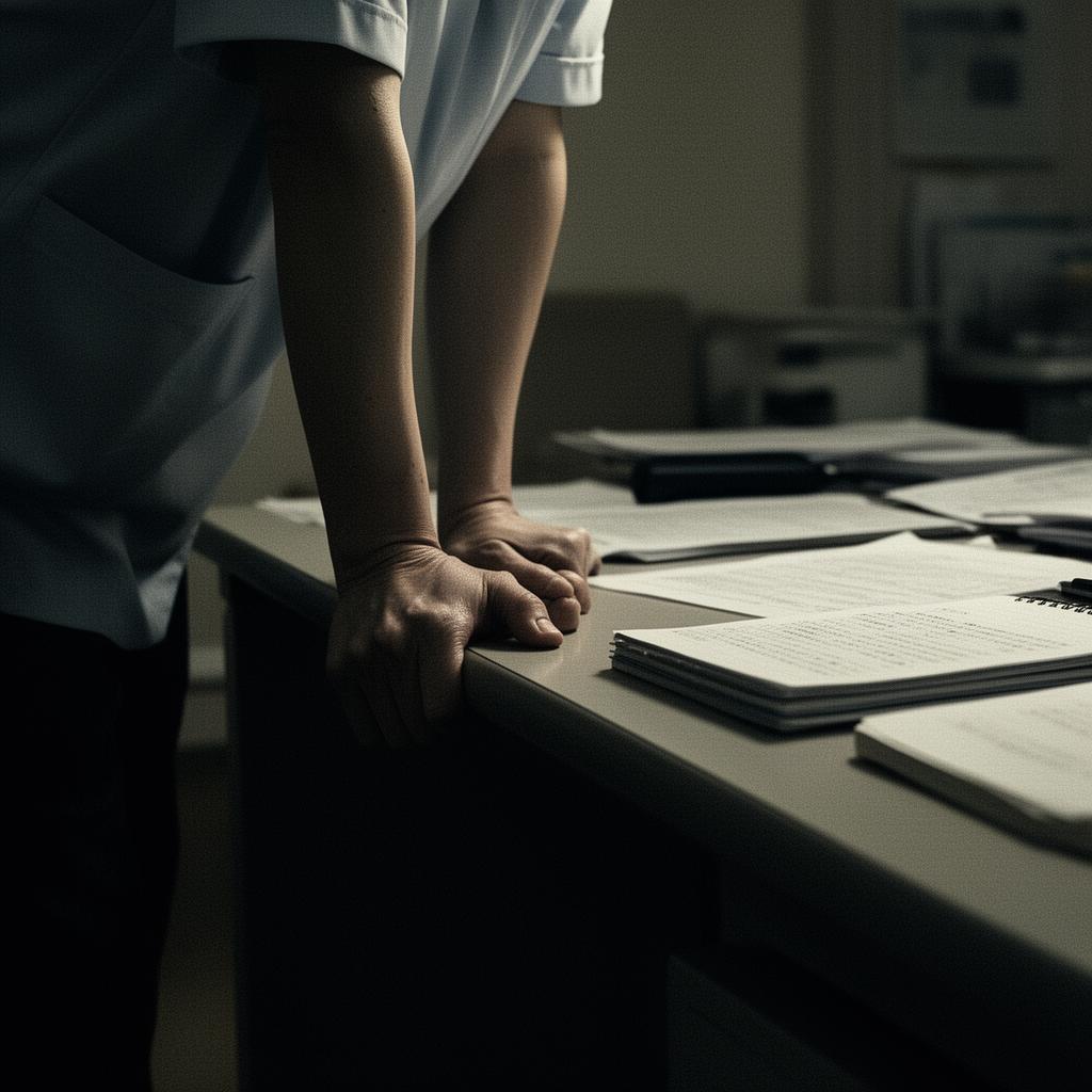 薄暗い介護事業所の事務所で、机の縁を強く握る職員の手元