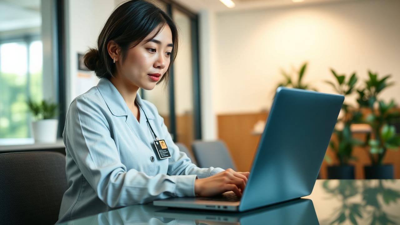 ケアマネジャーがノートPCで生成AIを使ってケアプラン原案を下書きしている様子