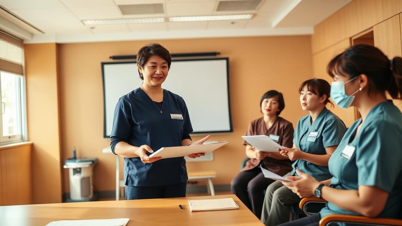施設長が研修室で介護職員に生成AIの使い方を説明している様子