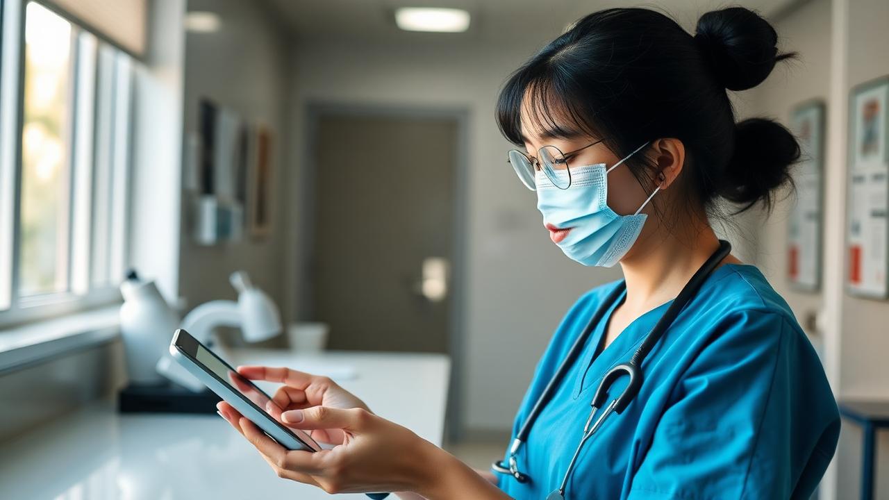 介護施設のナースステーションで介護職員がタブレットを操作している様子
