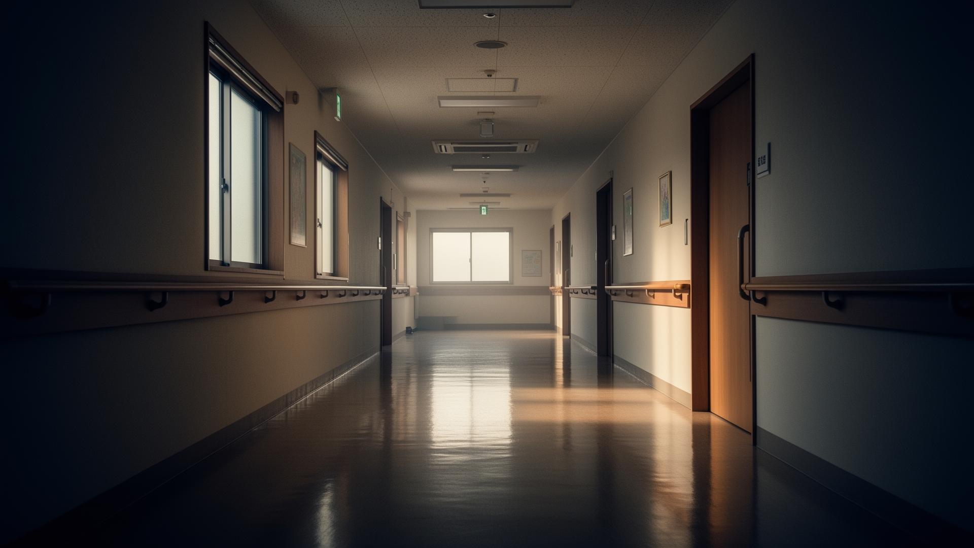 早朝の介護施設の廊下、誰もいない静けさ。空気の重さを象徴するイメージ