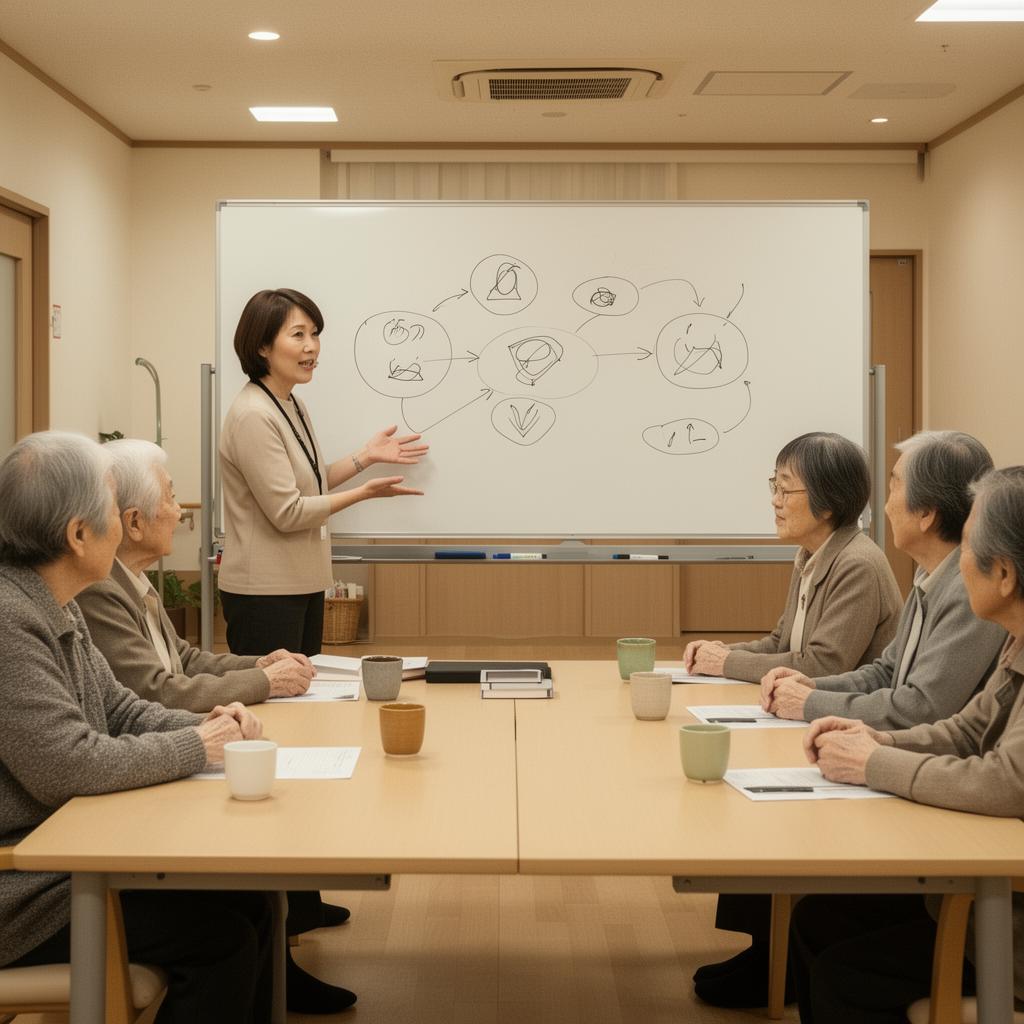介護施設の研修室で管理者が職員にハラスメント防止研修を行う場面
