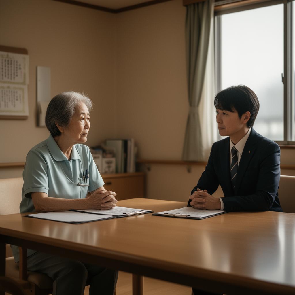 介護施設の面談室で職員と管理者がハラスメント相談を行う場面