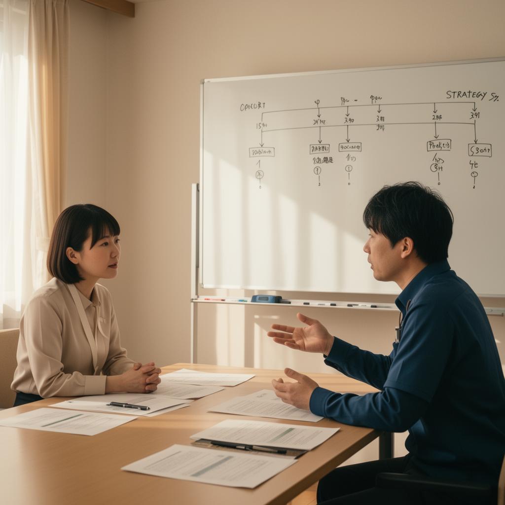 介護施設長と社労士が会議室で補助�金活用ロードマップをホワイトボードで設計している場面