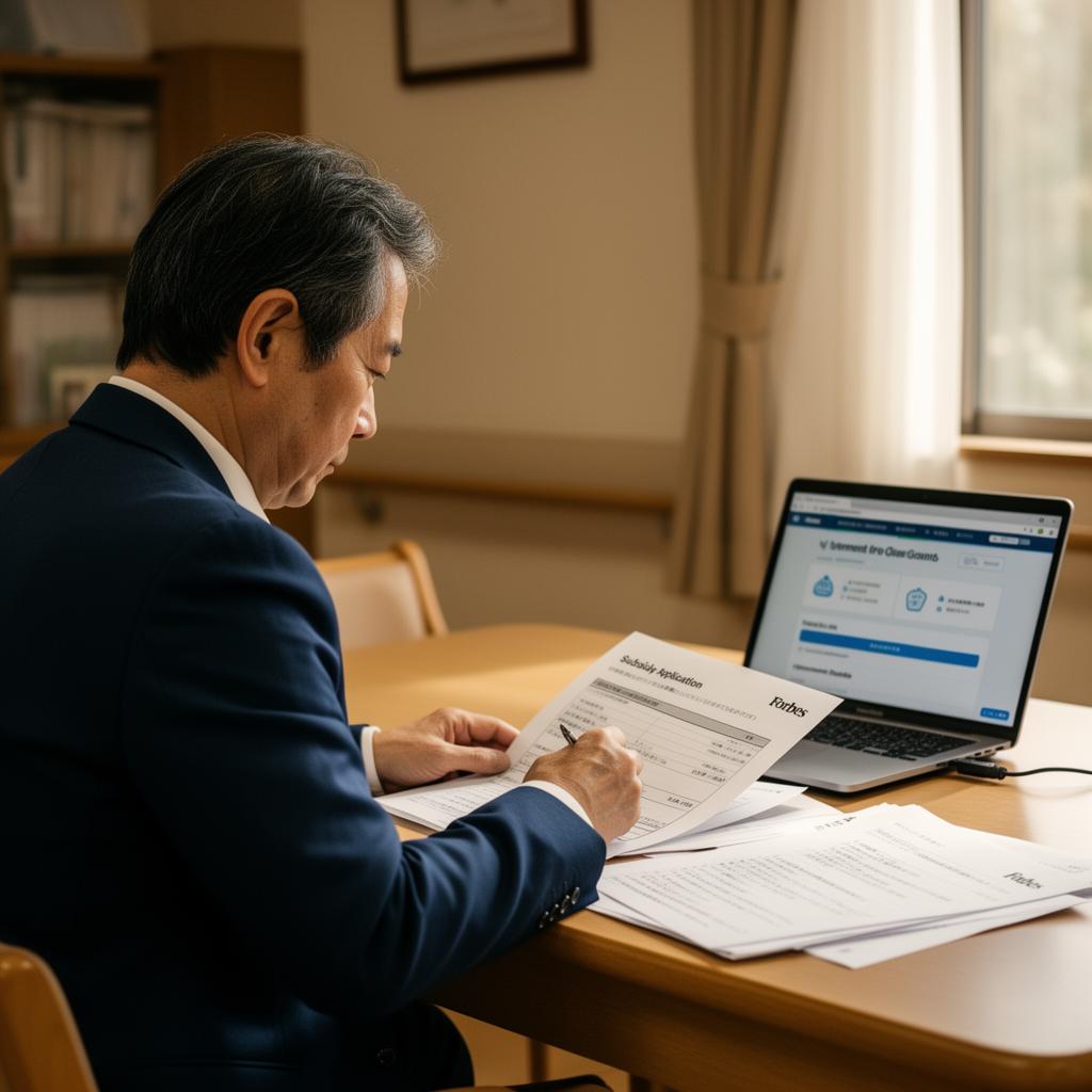 介護施設の経営者が補助金申請書類とノートPCで助成金ポータルを確認している場面