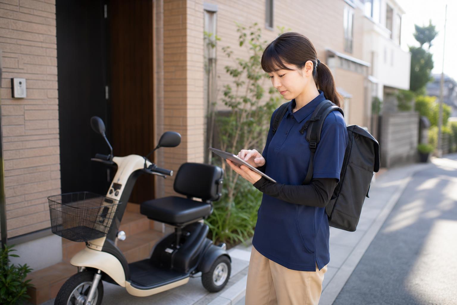 訪問先の前でタブレットを使ってルートを確認する若い訪問介護職員