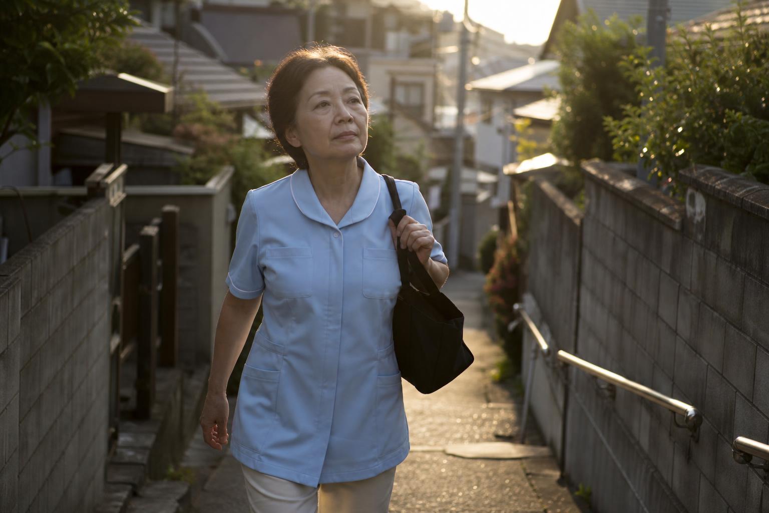 夕暮れの住宅街を、訪問先へ向かう介護ヘルパーが歩いている場面