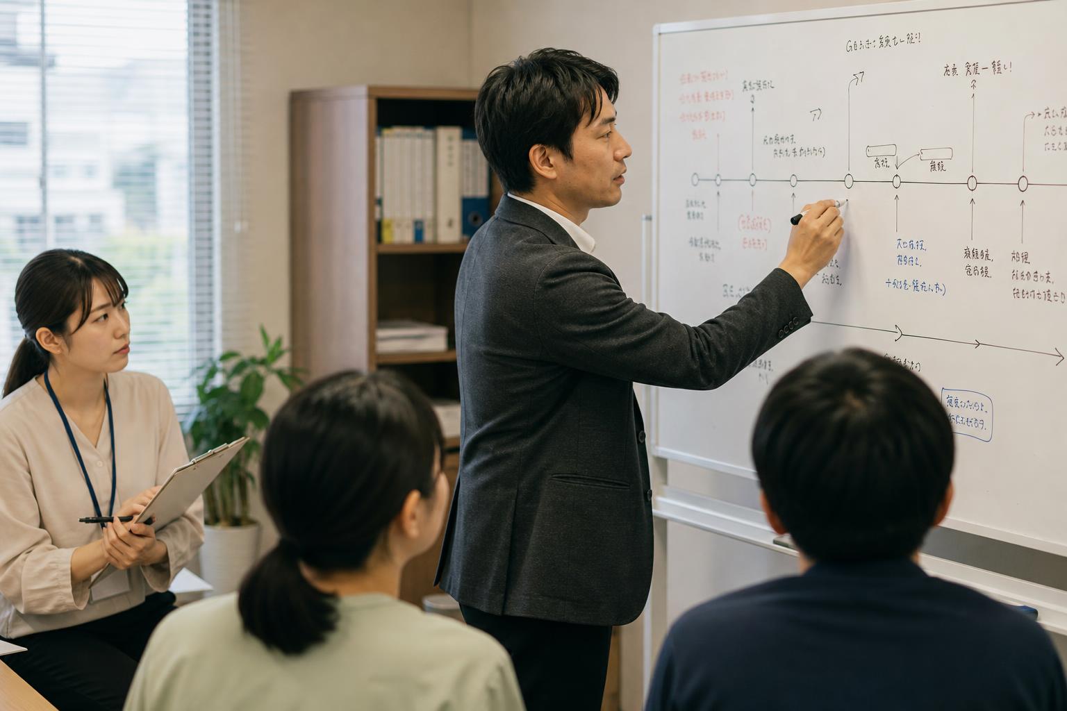 管理者がホワイトボードに改定スケジュールと施策のタイムラインを書き、若手職員が見守るミーティング場面