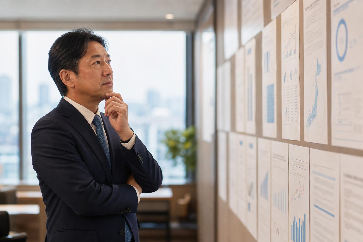 介護施設の経営者が壁一面に貼られた制度資料と統計グラフを見ながら、改定に思考を巡らせている場面