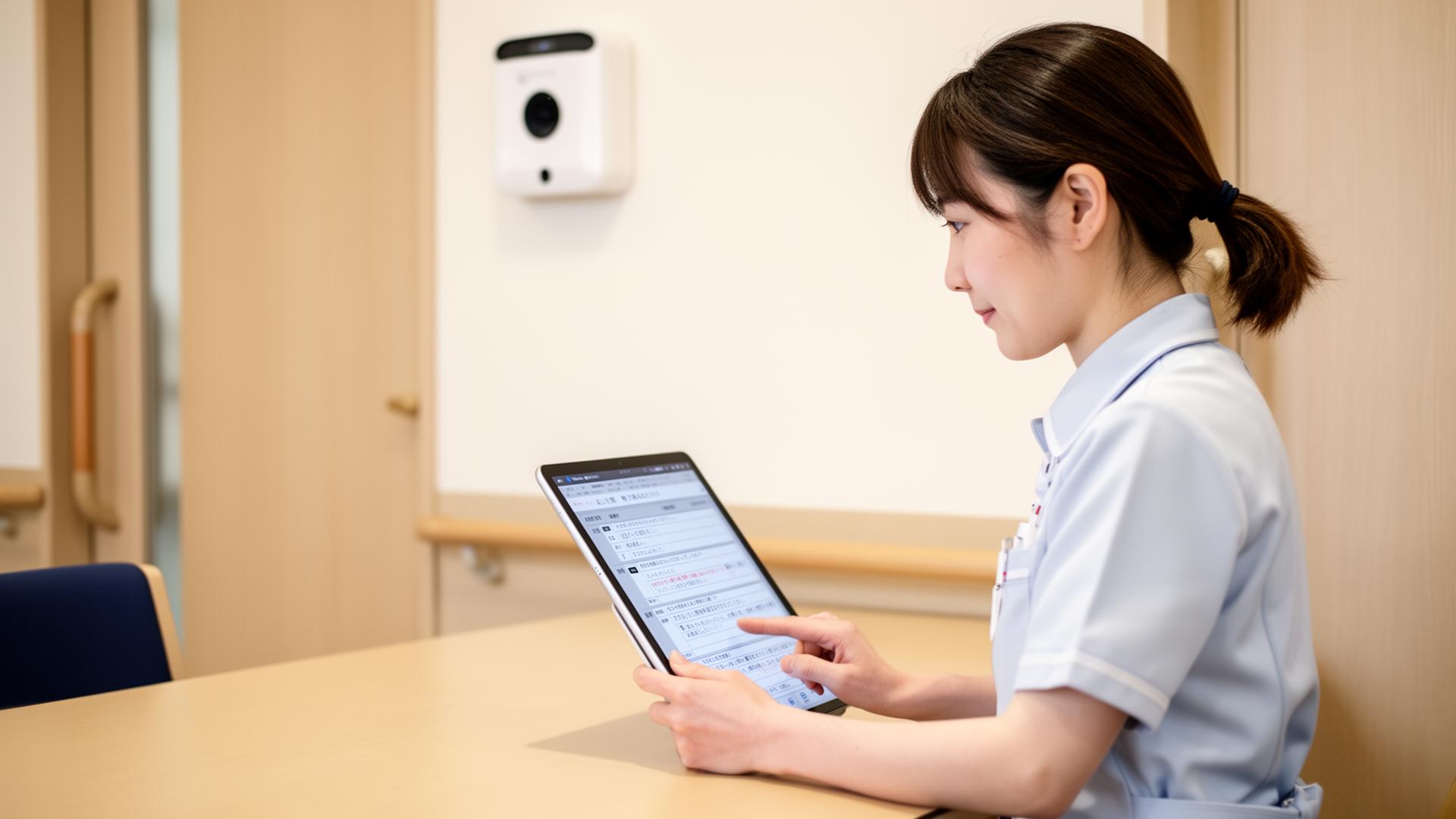 タブレットで記録する介護職員と見守りセンサー