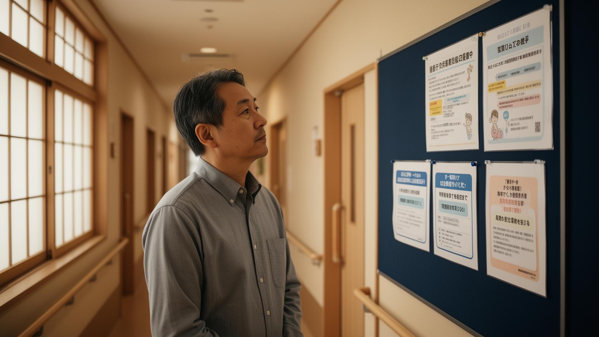 採用掲示板を見つめる施設長
