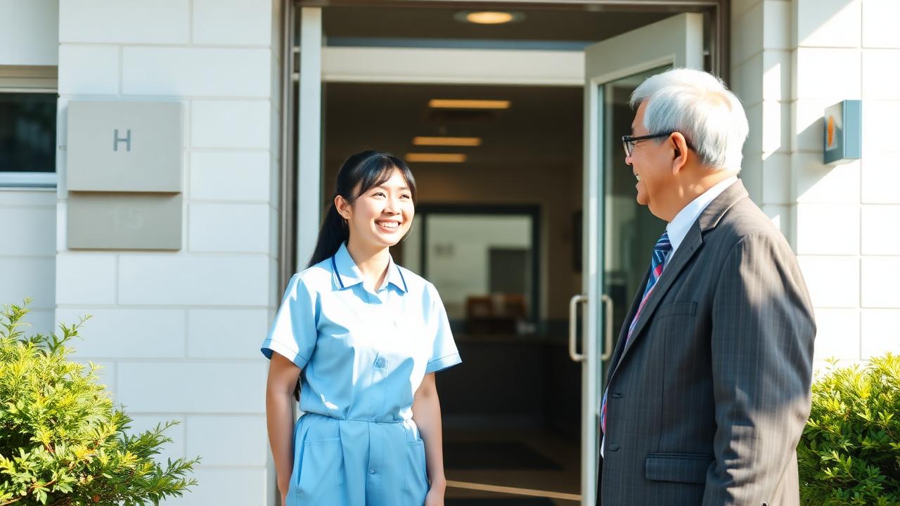 新しく入職する介護職員を施設長が玄関で温かく出迎える朝の場面