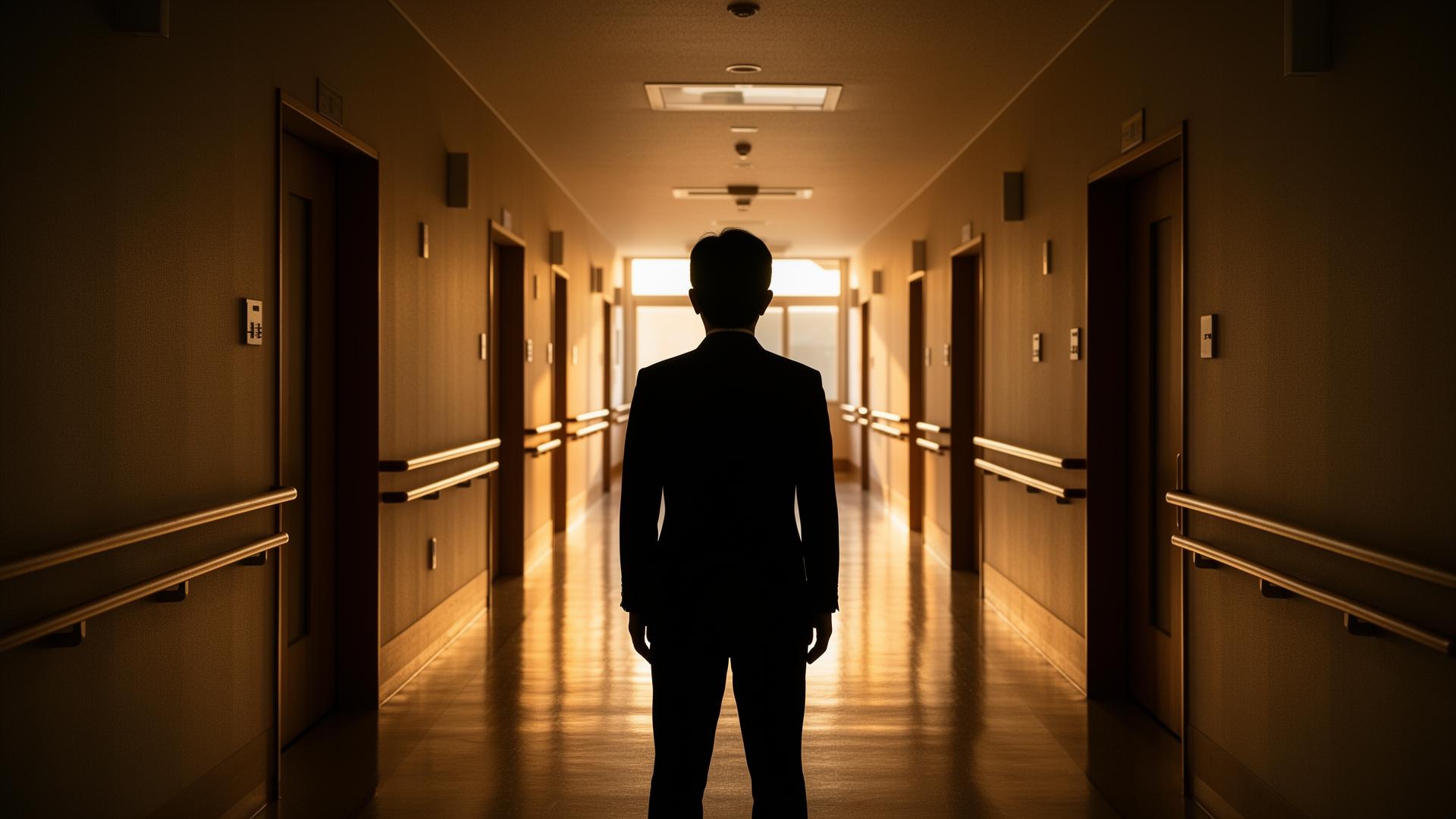 夕方の介護施設の廊下に一人立つ管理者のシルエット――経営と現場の板挟みを象徴