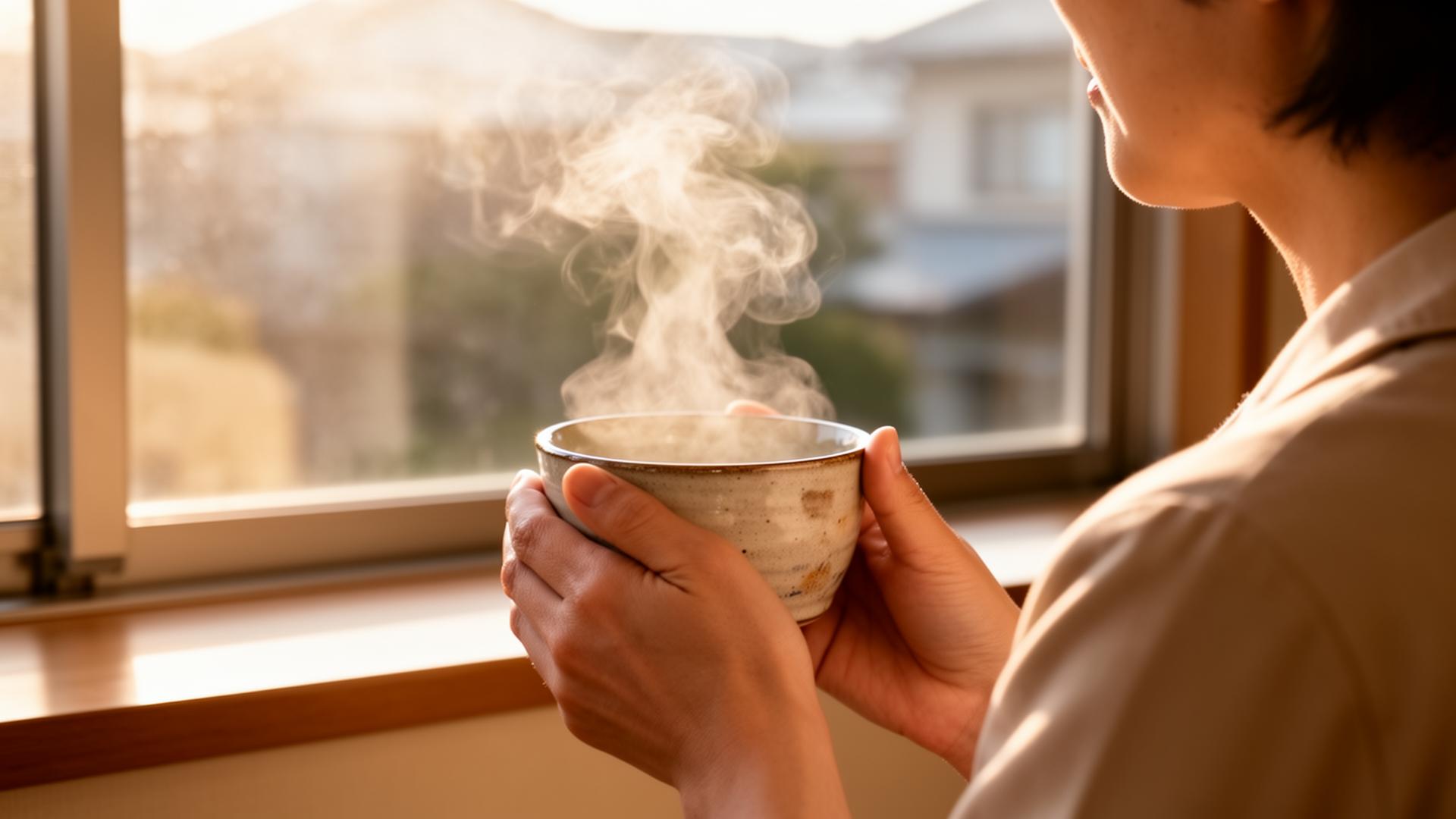 早朝の窓辺で湯気の立つ湯呑みを両手で包み、外を眺める管理者の手元