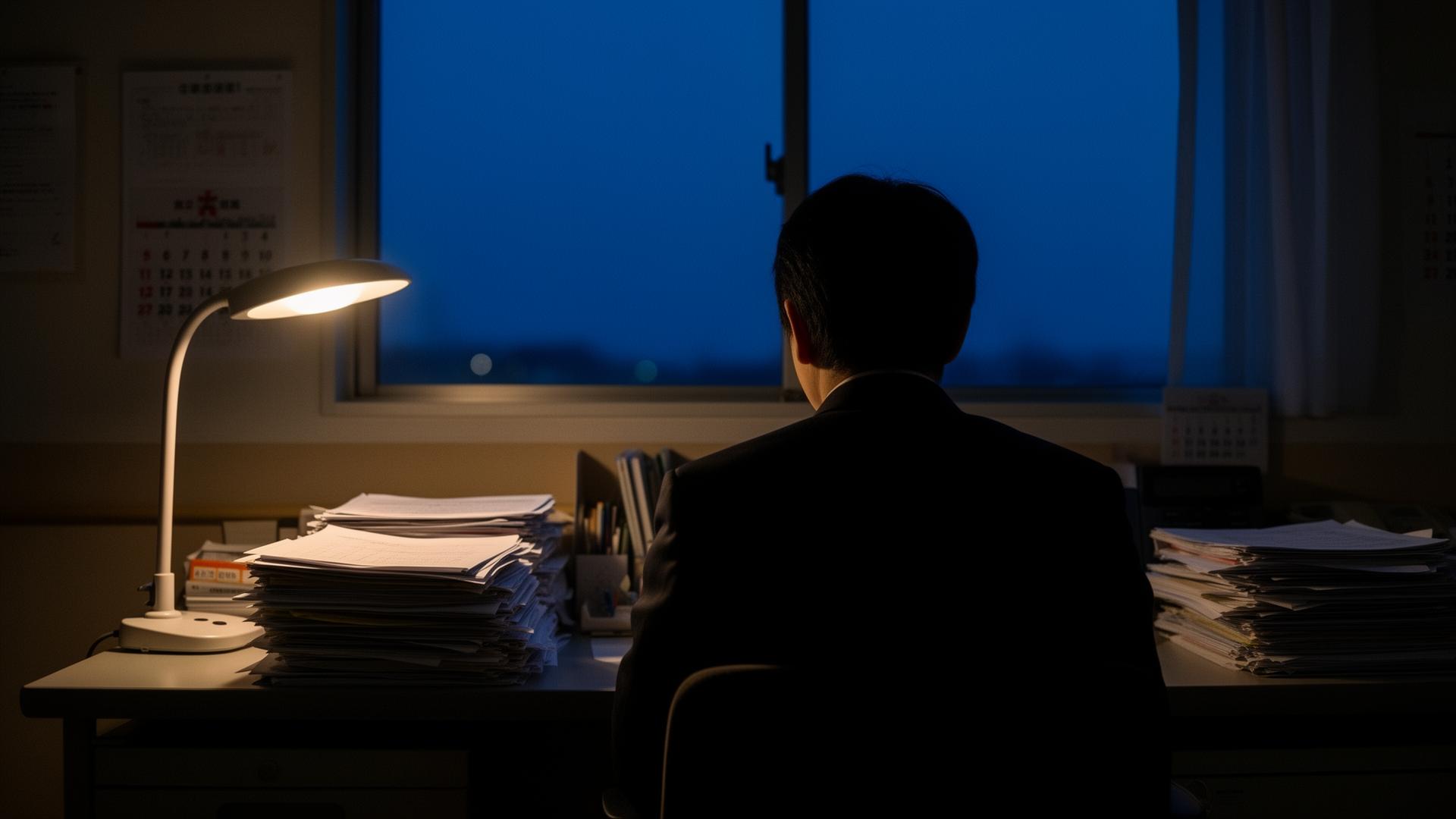 夜の介護施設の事務室で、デスクライトひとつだけを灯し書類に向かう管理者の後ろ姿