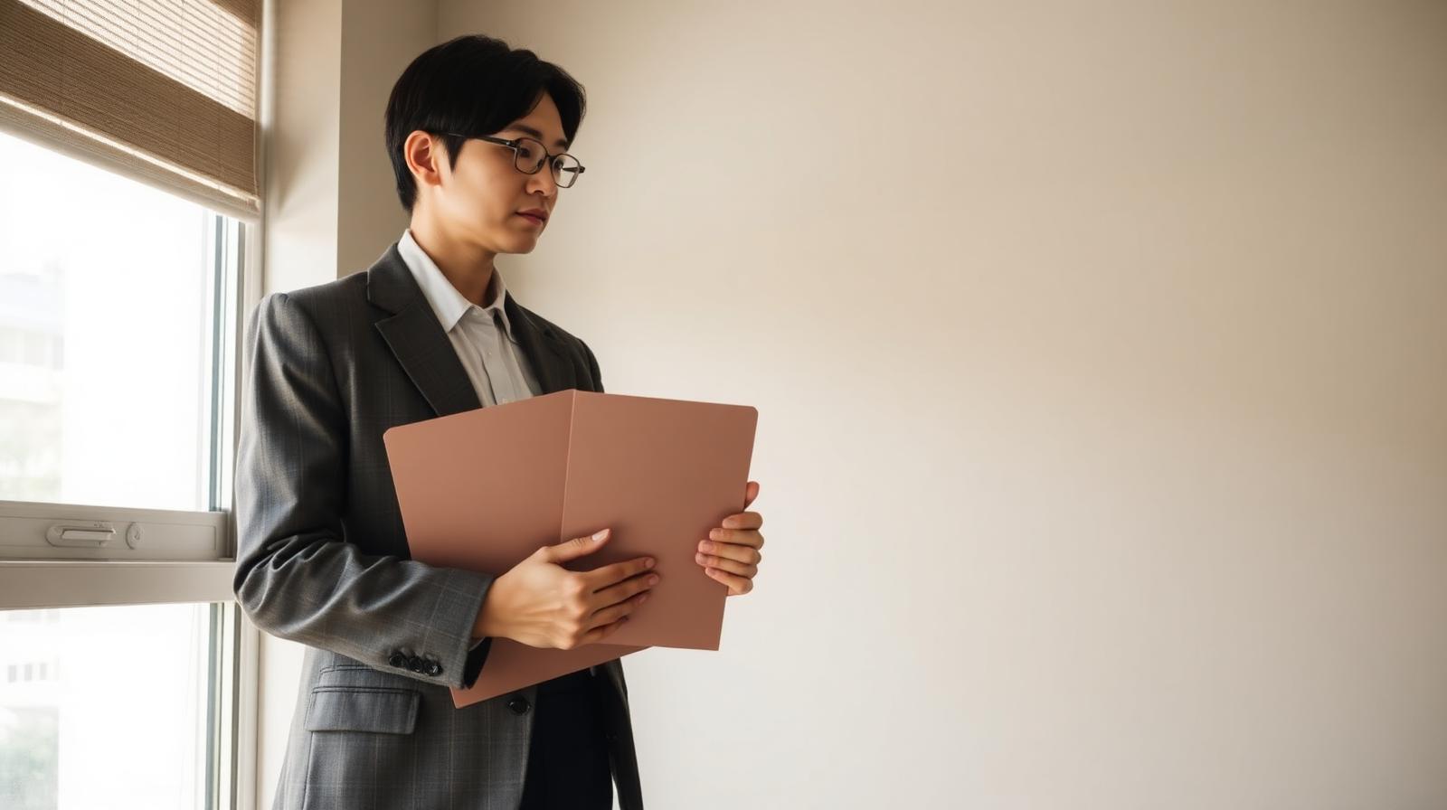 処遇改善計画書のファイルを抱え、窓辺で内容を確認する施設管理者の様子