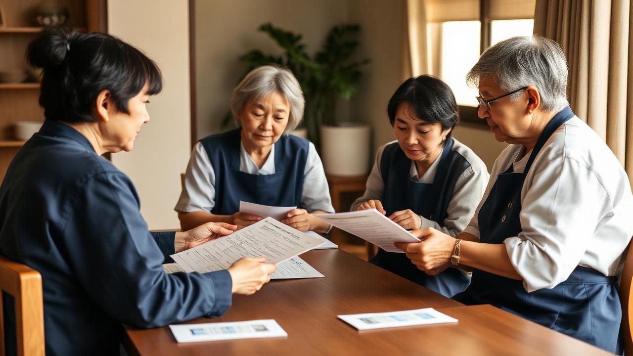 介護施設のスタッフが家族からのフィードバック資料を会議で共有している様子