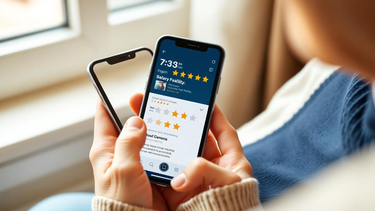介護施設を検討する家族がスマートフォンで口コミと評価を確認している様子