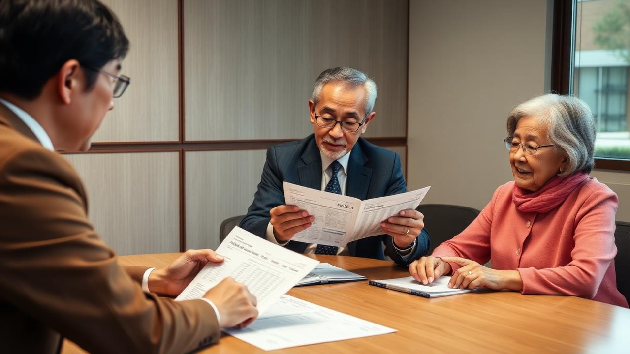 財務アドバイザーと介護施設経営者夫妻が決算書とバランスシートを精査している場面