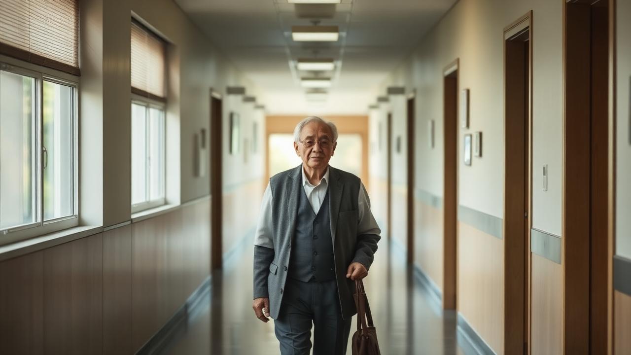 承継間近の高齢の介護施設経営者が朝の静かな施設廊下を歩きながら振り返る場面
