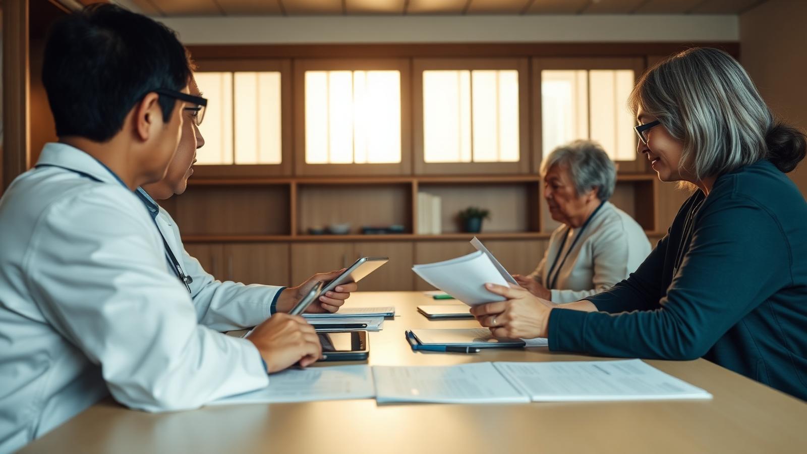 多職種チーム（医師・看護師・介護職・ケアマネ）がACPの書類を確認する様子