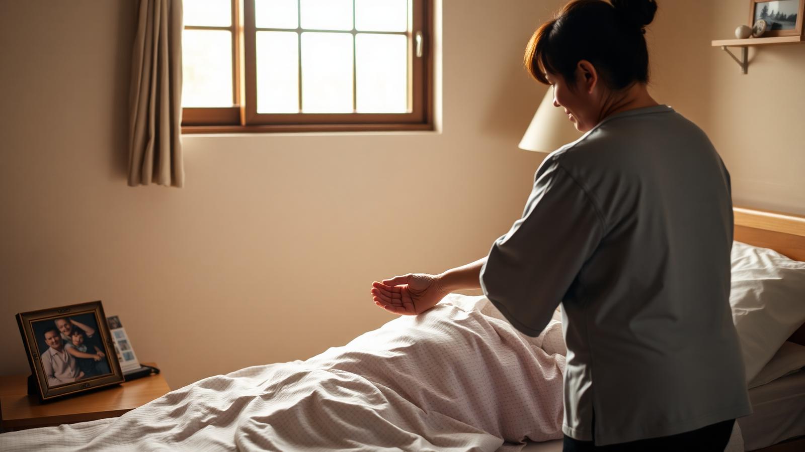 介護施設の居室で入居者の手をそっと包む職員の後ろ姿、窓から差し込む朝の光