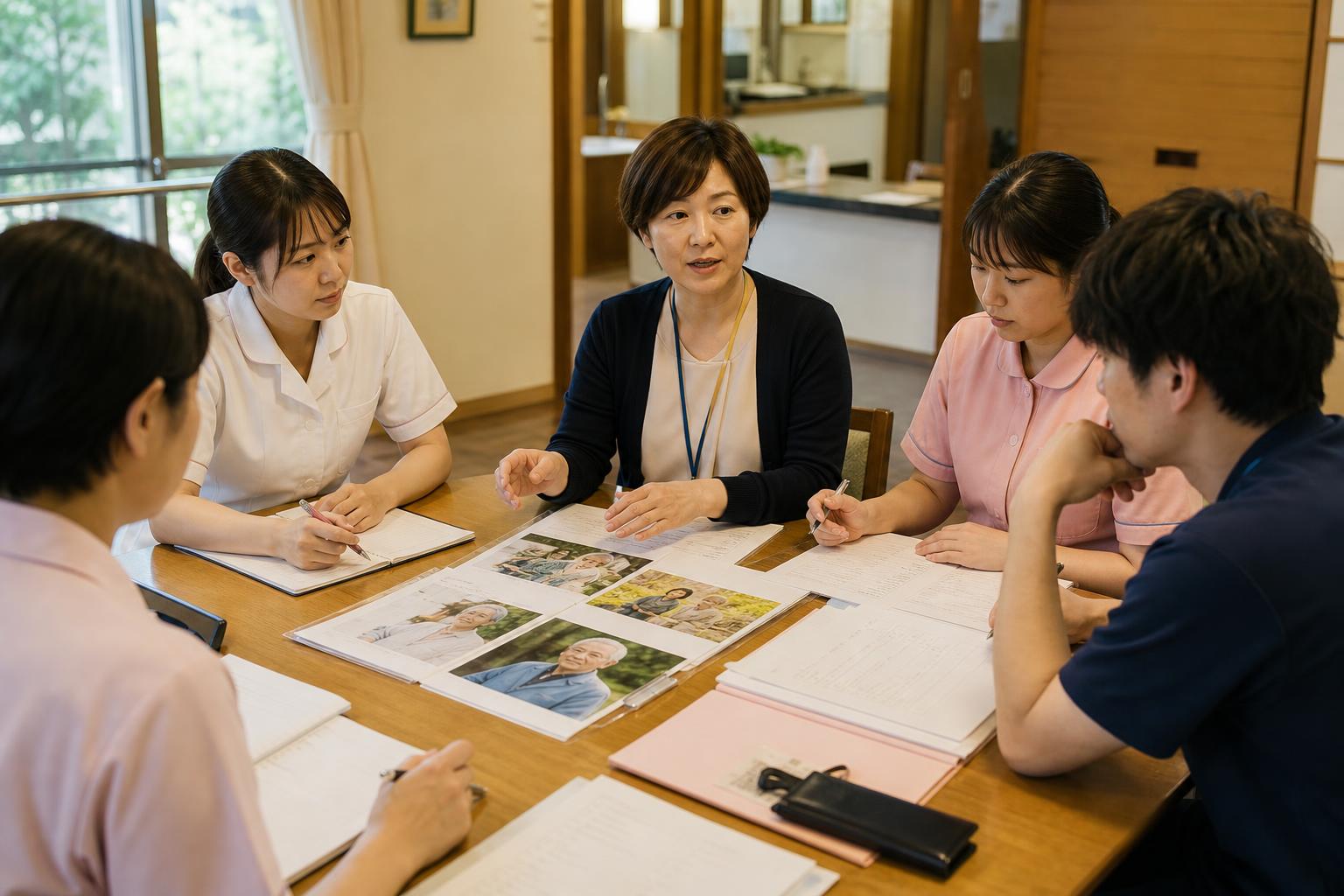 多職種の介護スタッフが利用者の写真と記録を見ながらケアプランを話し合っているカンファレンス風景