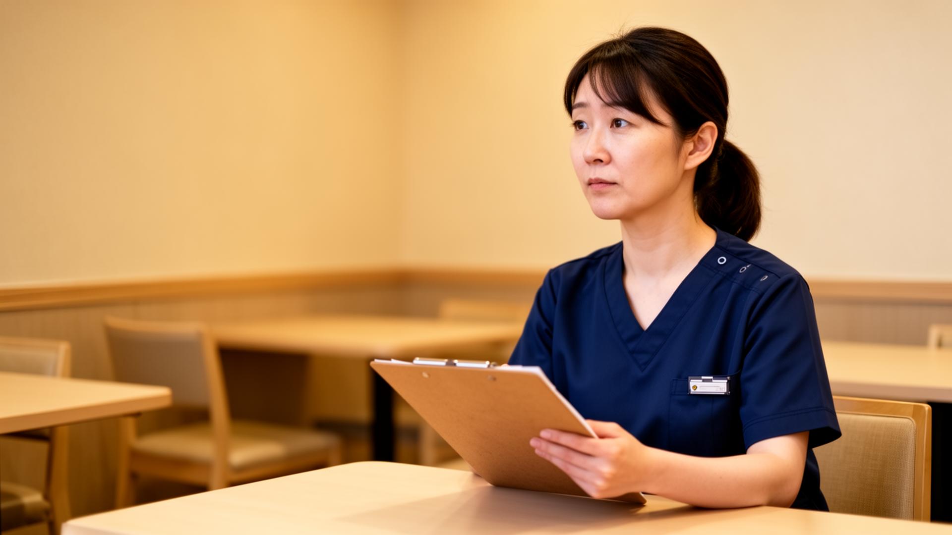 休憩室で考え込む介護職員