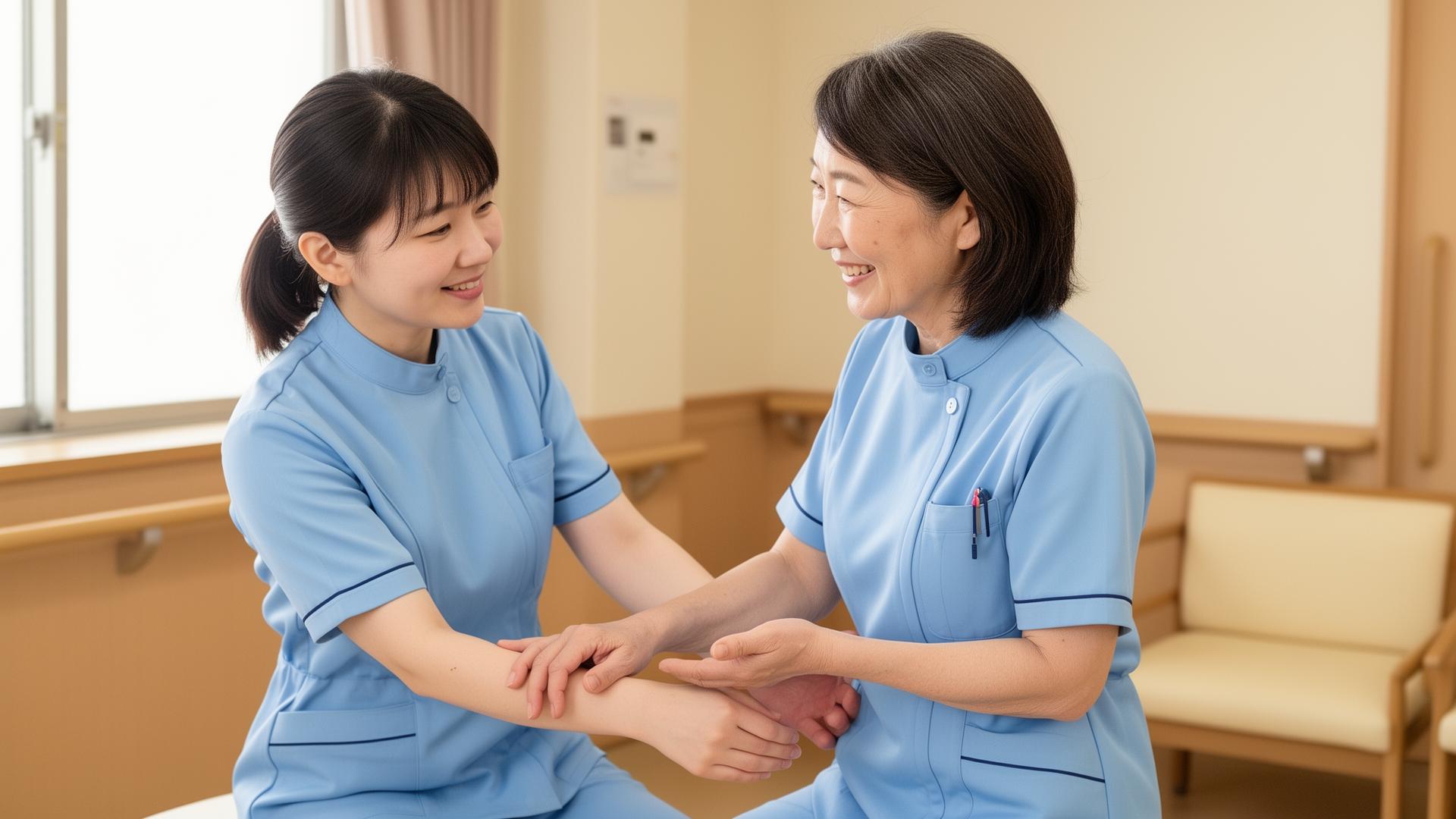 先輩職員が新人に丁寧に教える様子