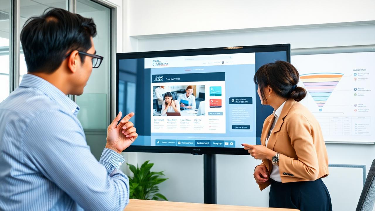 採用代行の担当者と施設の採用責任者がモニターで求人ページを確認しながら打ち合わせをしている様子
