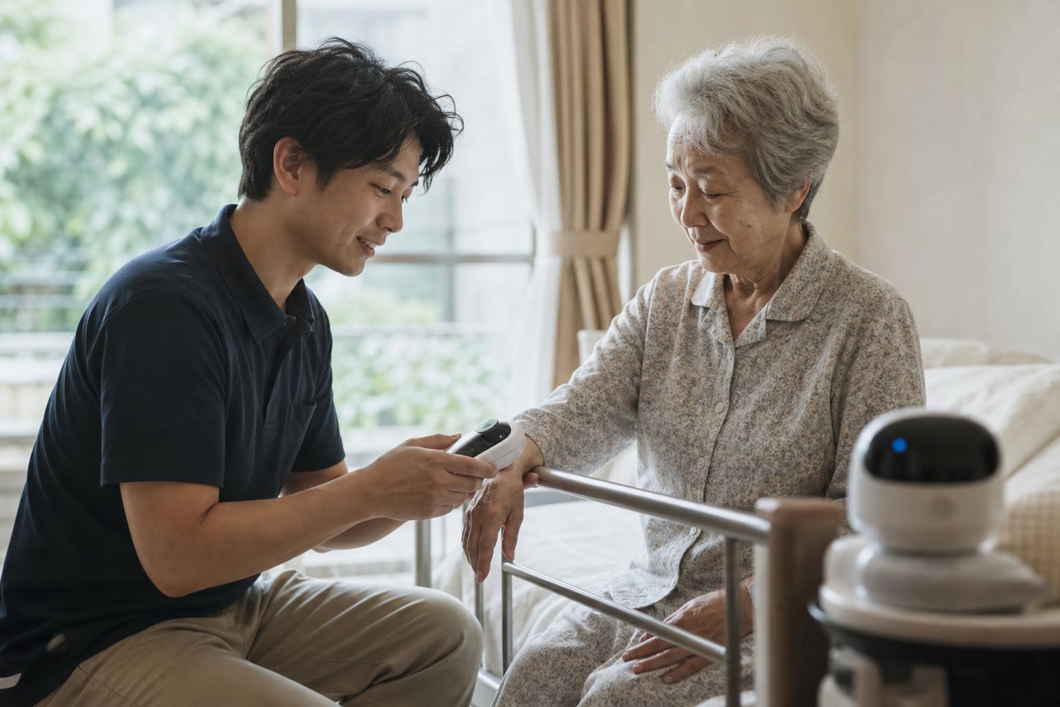 介護職員が利用者のベッドサイドで小型センサー機器を使い、見守りデータを確認している場面