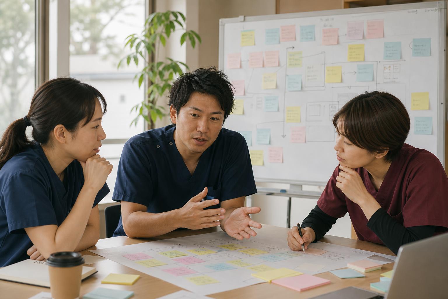 複数の介護専門職がホワイトボード前で付箋を使いながら業務改善ワークショップをしている場面